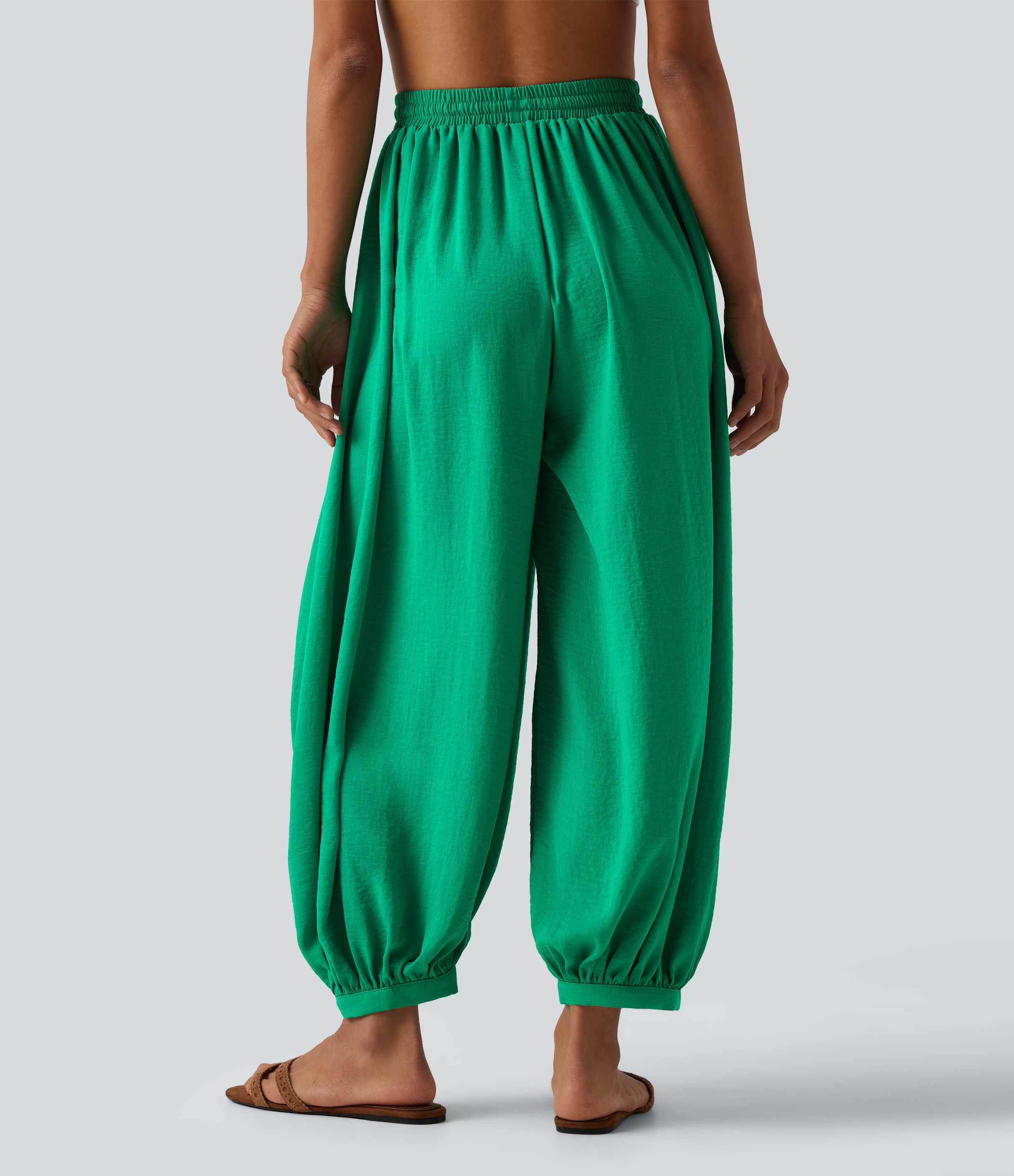 Blarney High Waisted Drawstring Linen-Feel Resort Flowy Balloon Trousers with Pockets / 2