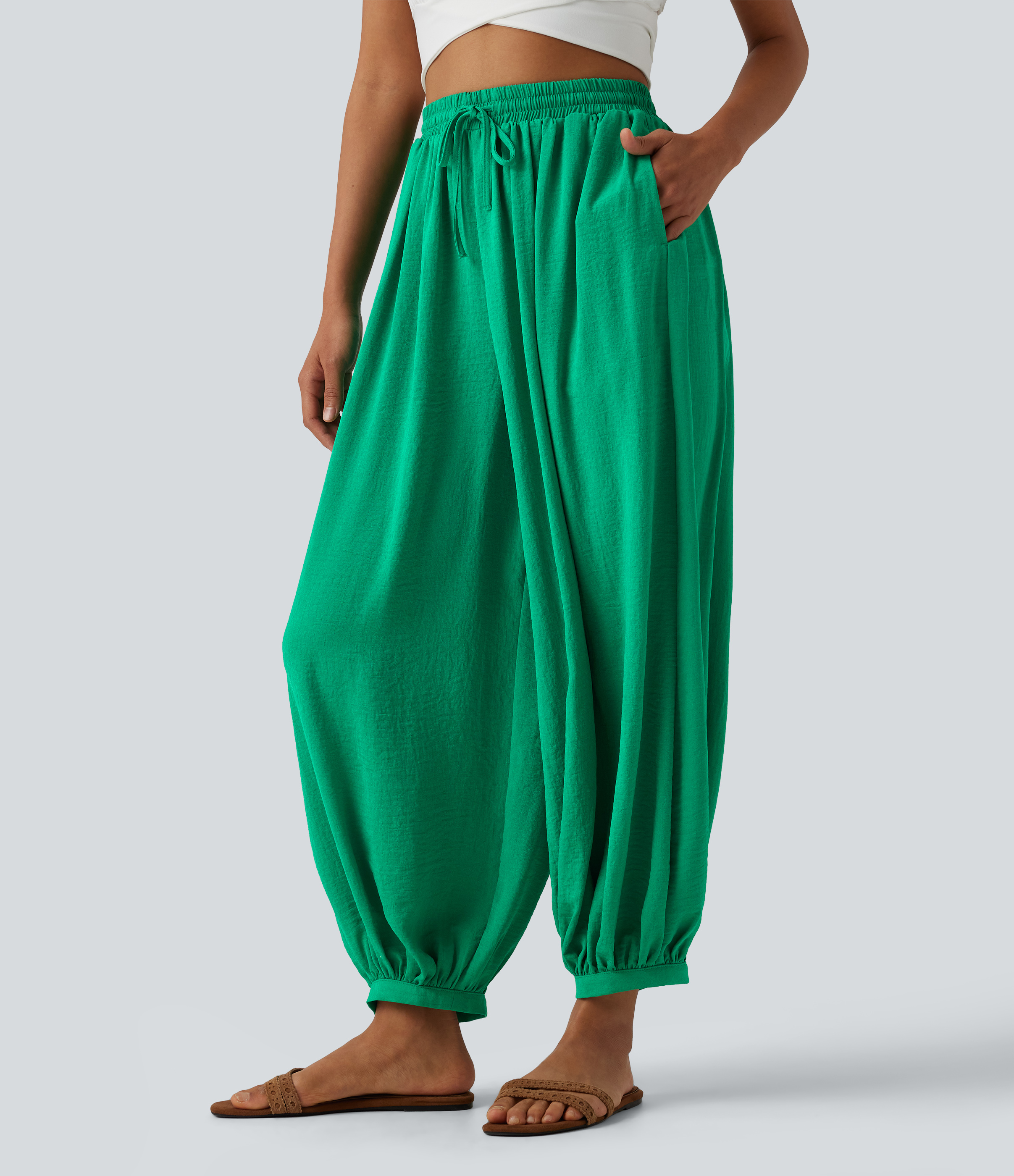 High Waisted Drawstring Linen-Feel Resort Flowy Balloon Trousers with Pockets