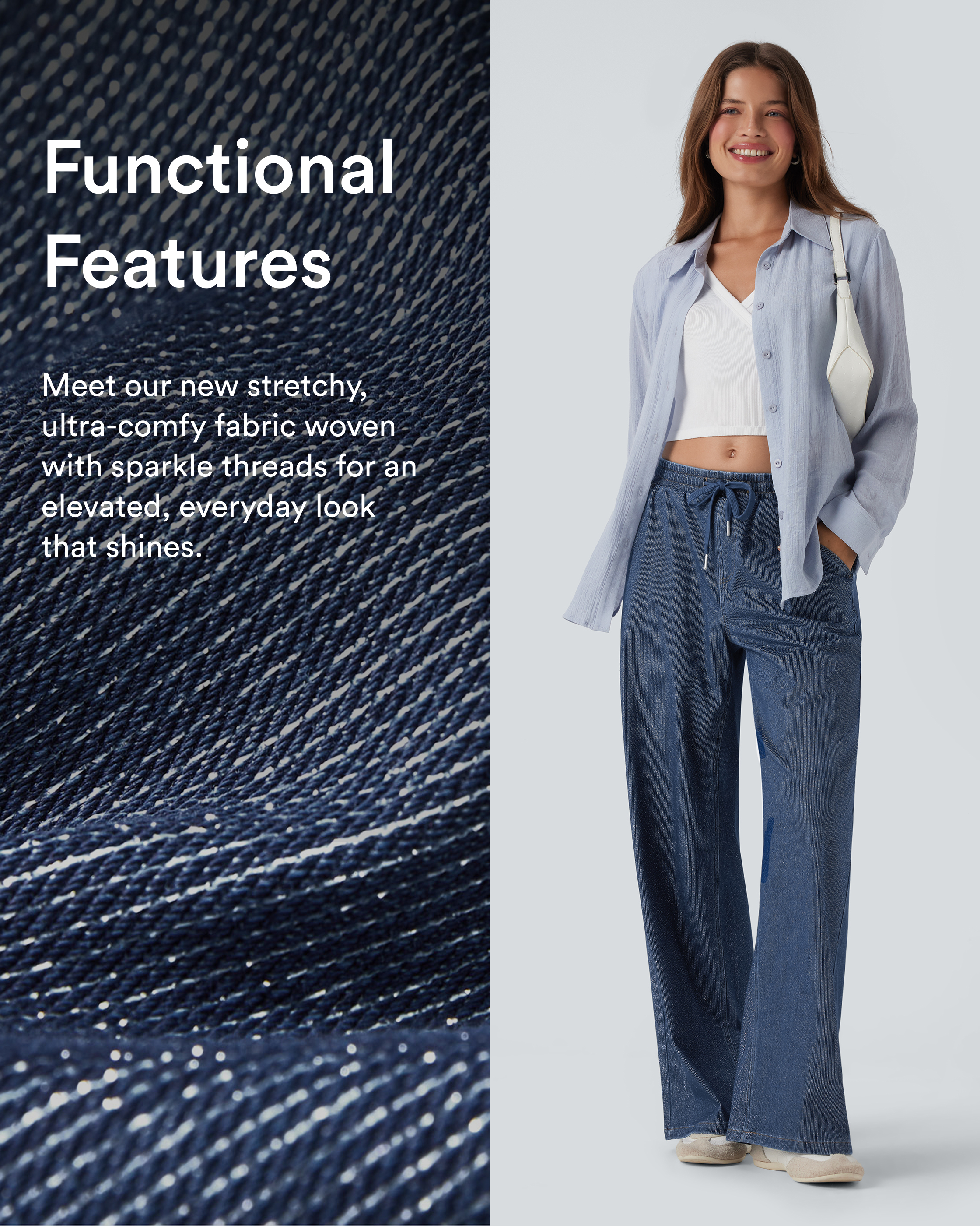 Tide Blue Denim Halara Flex™ Low Rise Drawstring Wide Leg Silver Shine Casual Sweatpants Jeans with Pockets / 2