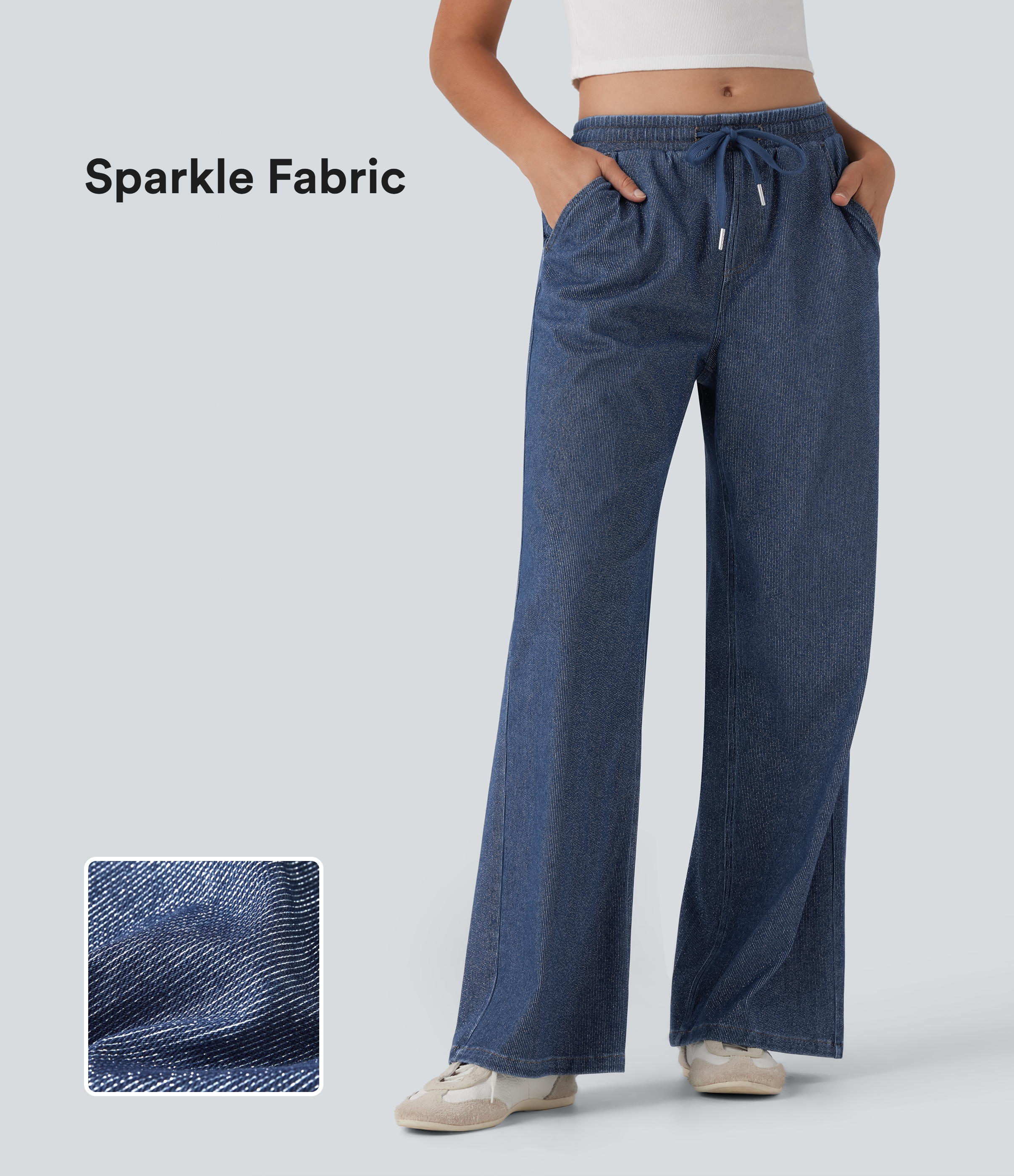 Halara Flex™ Low Rise Drawstring Wide Leg Sparkle Casual Sweatpants Jeans with Pockets