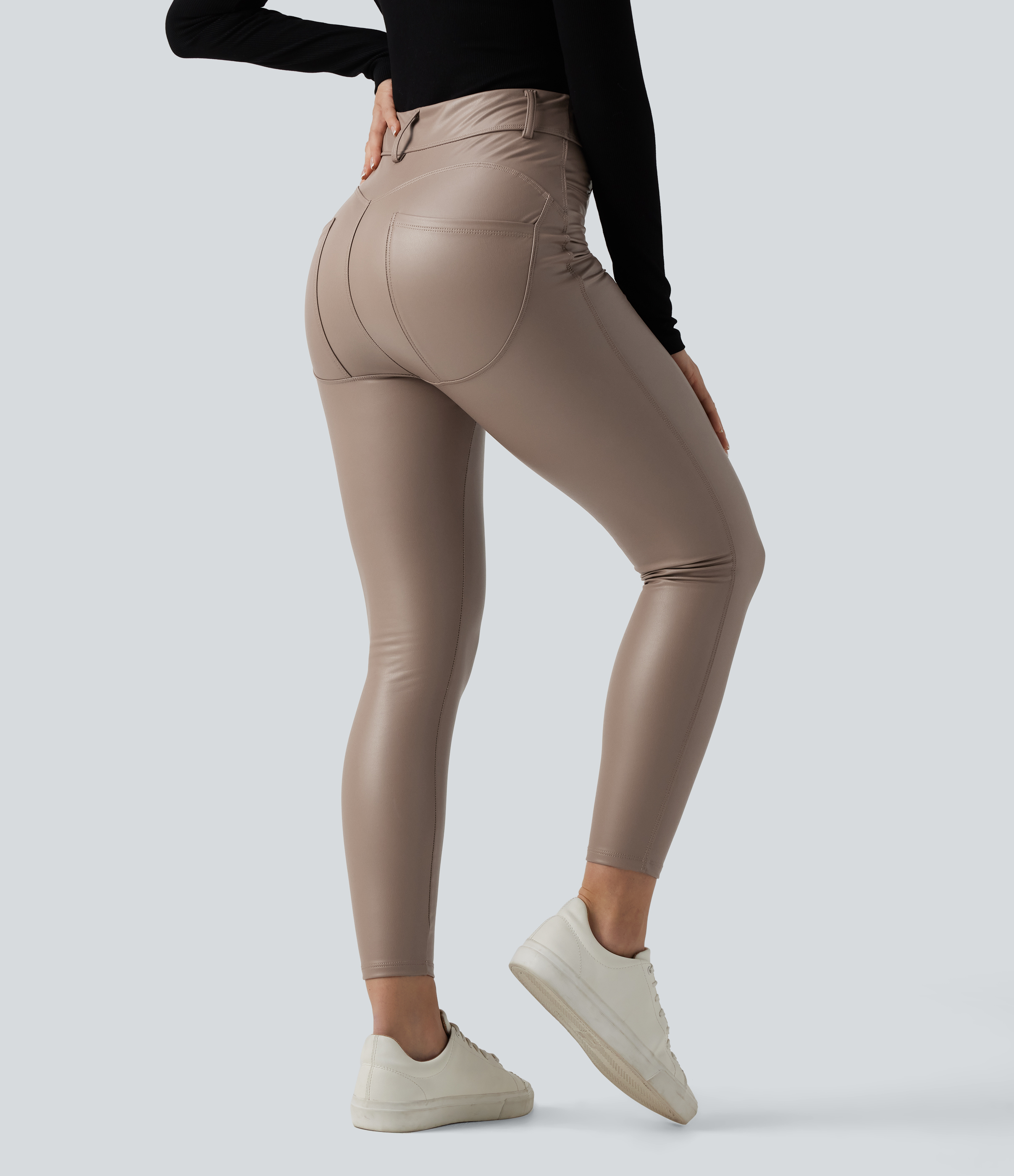 High Waisted Stretchy PU Fleece Casual Leggings with Pockets