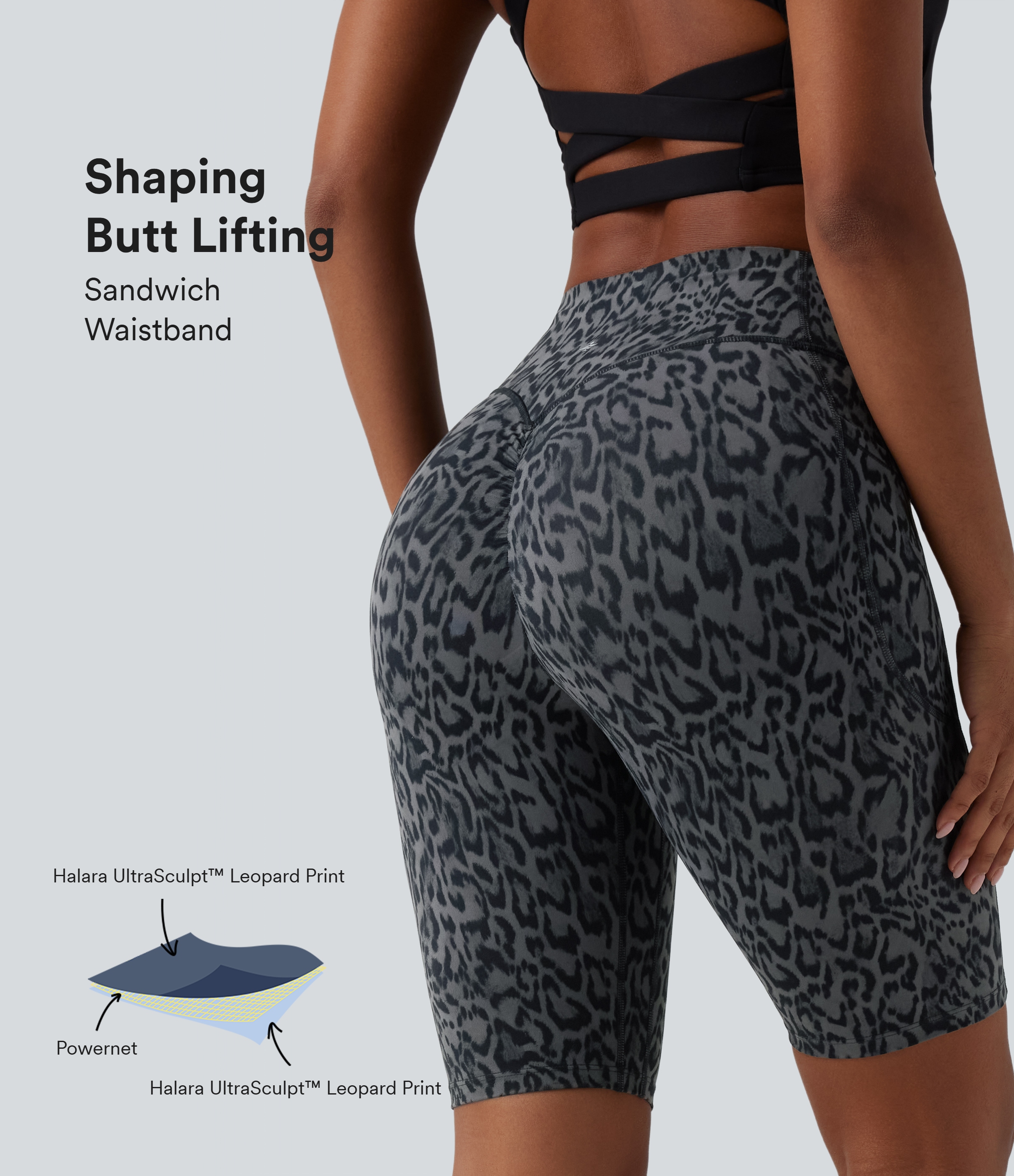 Halara UltraSculpt™ Leopard Print High Waisted Scrunch Butt Lifting Tummy Control Training Bike Running Shorts 9'' with Pockets