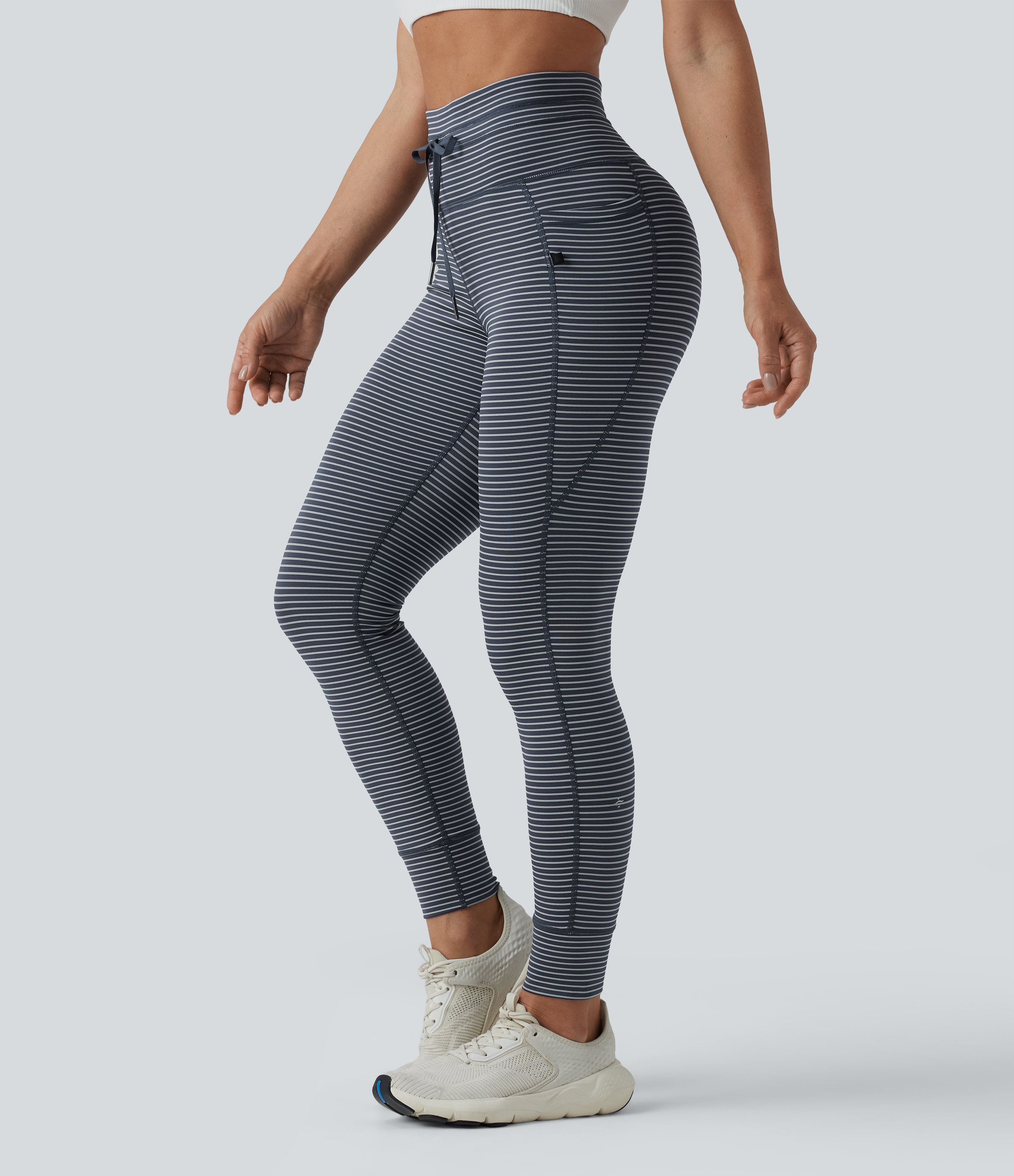 Leggings de yoga rayés, taille haute, poches latérales et cordon de serrage