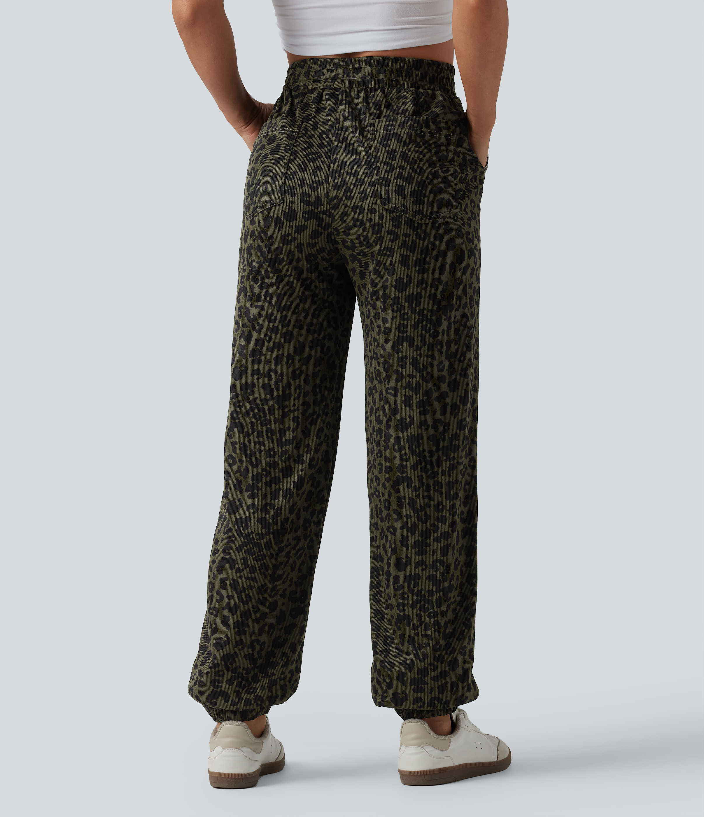 Olive Noir Jogging décontracté taille haute en velours côtelé imprimé léopard avec poches / 2