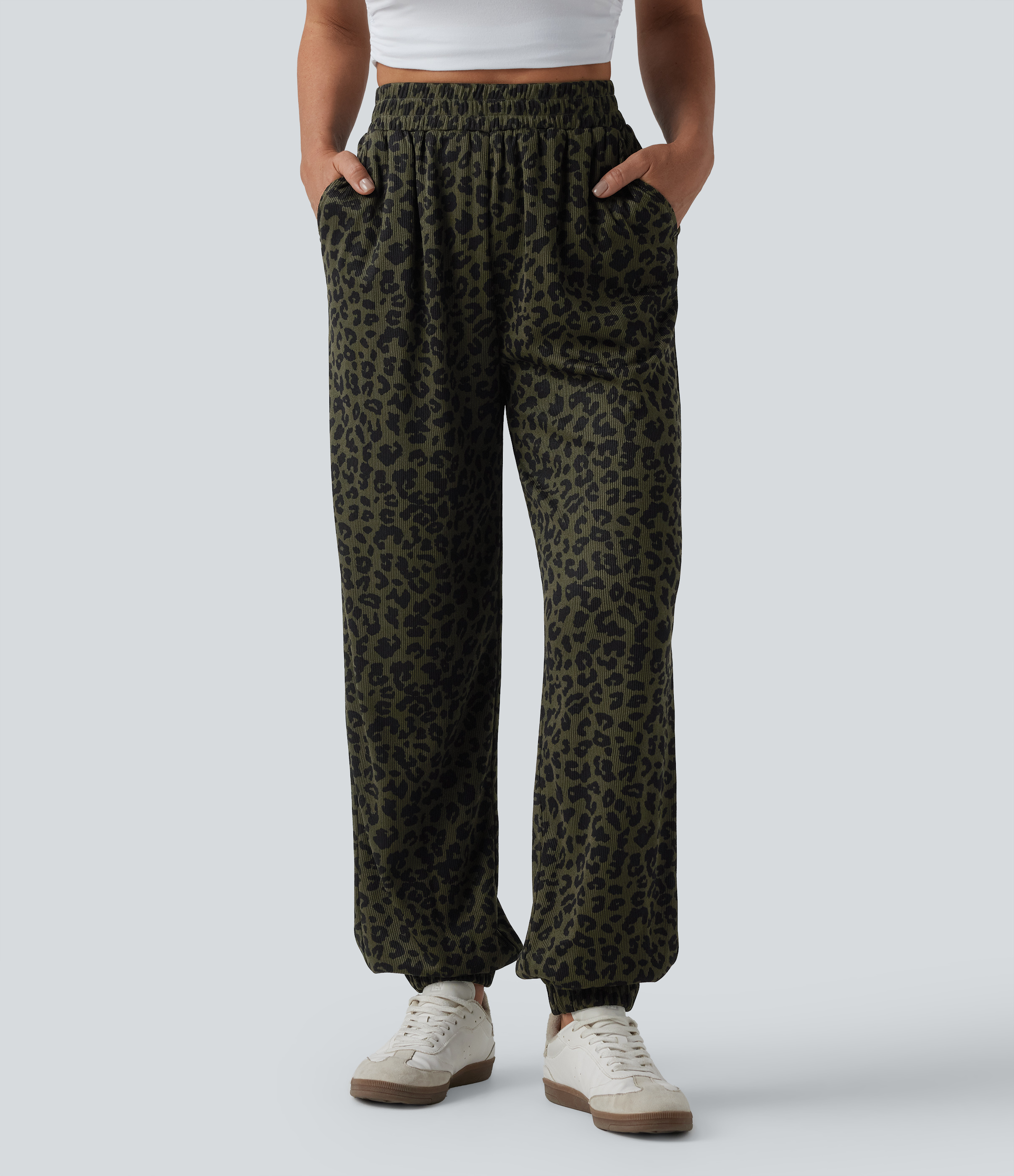 Pantalon de jogging décontracté à taille haute, poches latérales et imprimé léopard