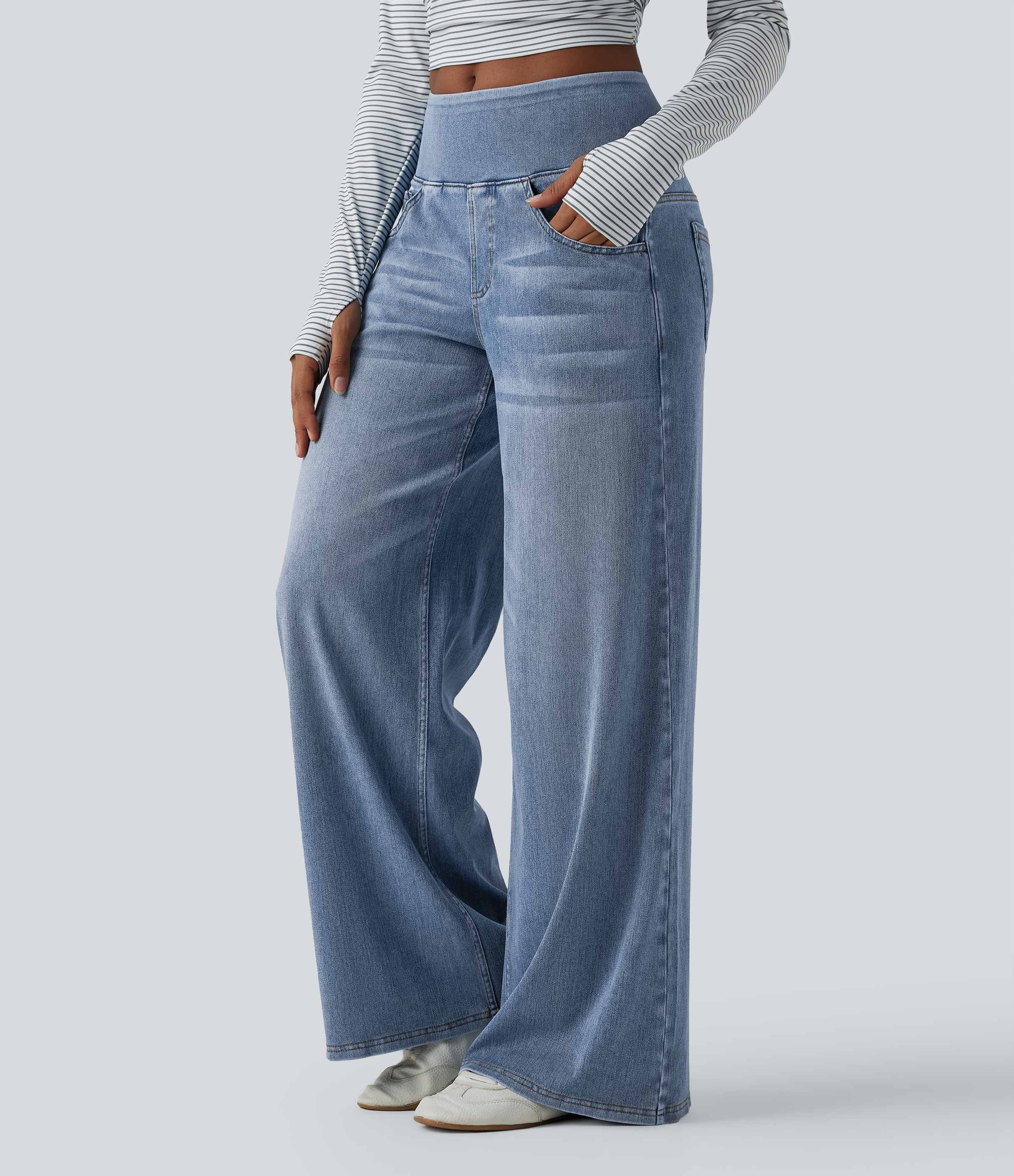Halara Flex™ Mid Rise Draped Lyocell Washed Casual Baggy Wide Leg Jeans with Pockets