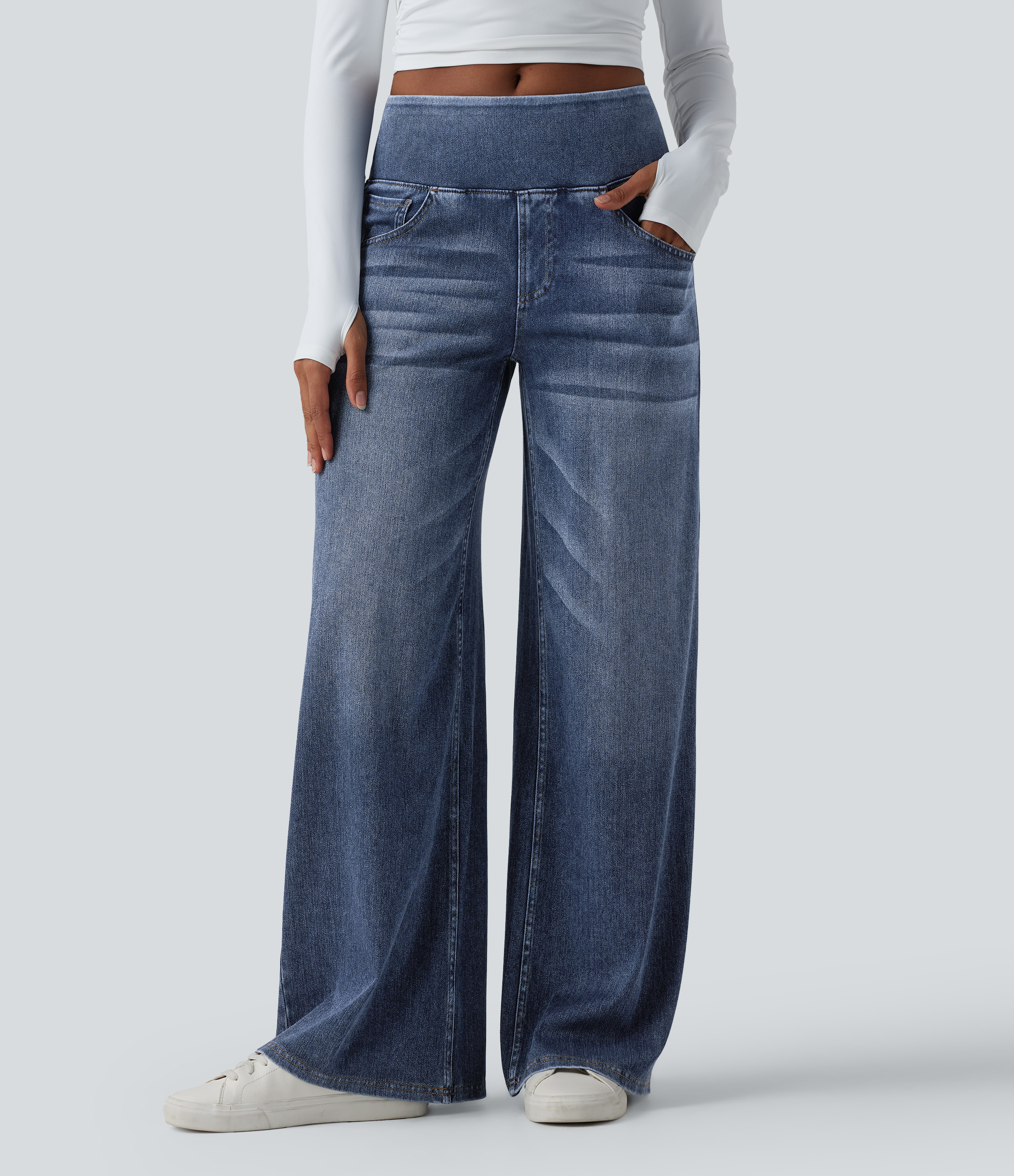 Halara Flex™ Közepes Derekú Drapézott Lyocell Mosott Laza, Bő, Széles Szájú Farmer Zsebekkel