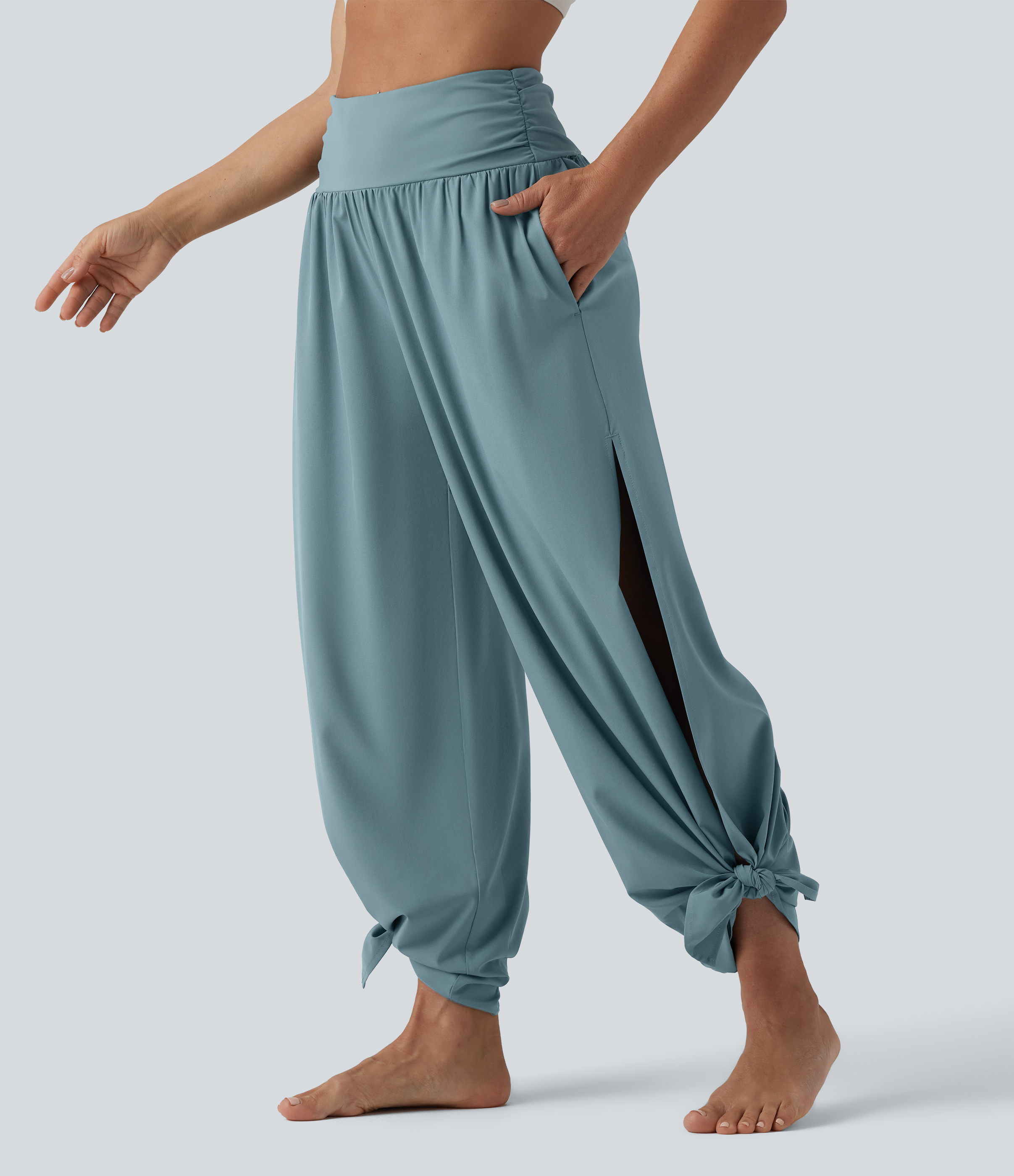 Stone Blue Breezeful™ High Waisted Ruched Split Quick Dry Resort Flowy Trousers with Pockets / 2