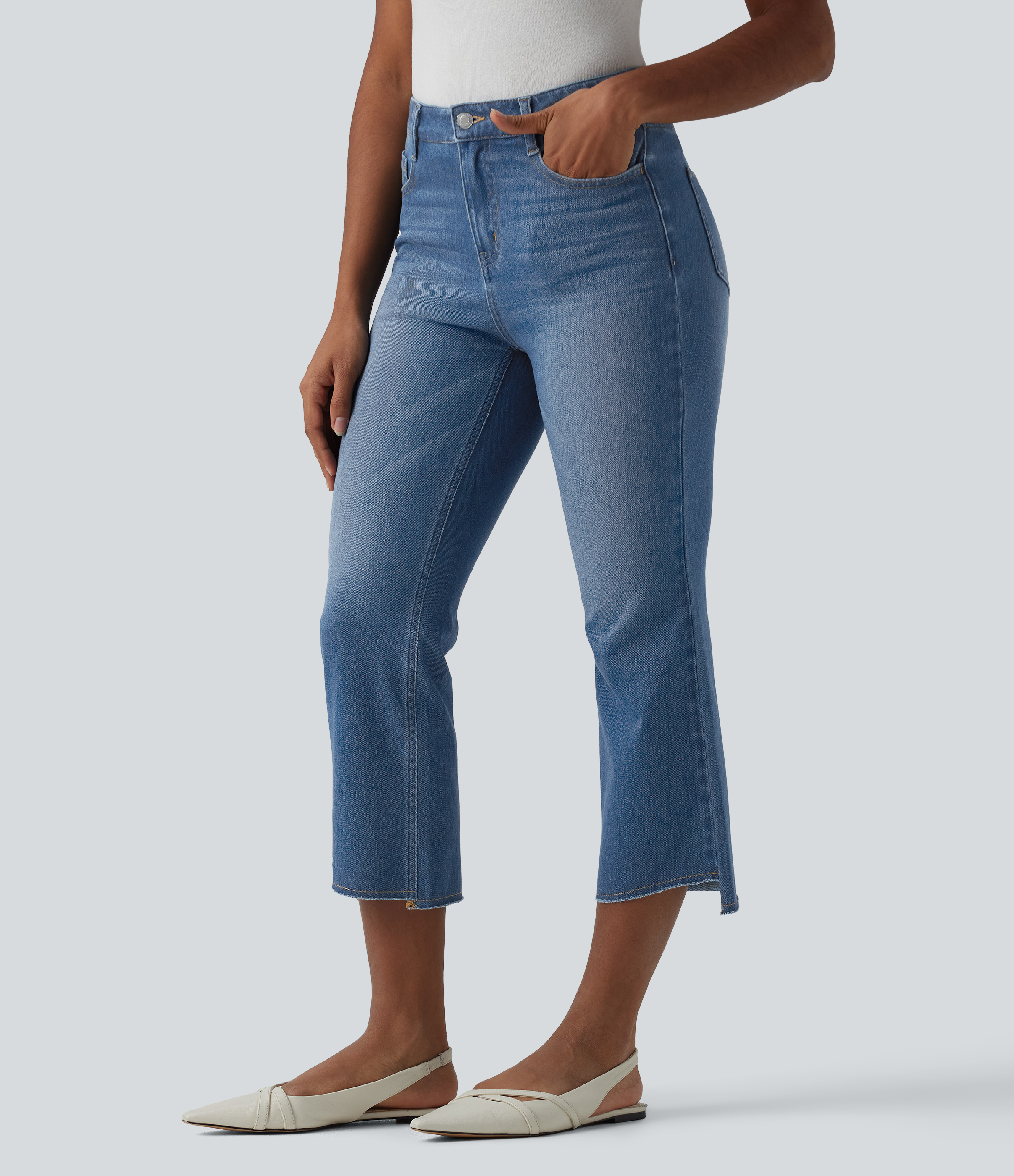Halara Flex™ Mid Rise High-low Hem Crop Casual Bootcut Jeans with Pockets