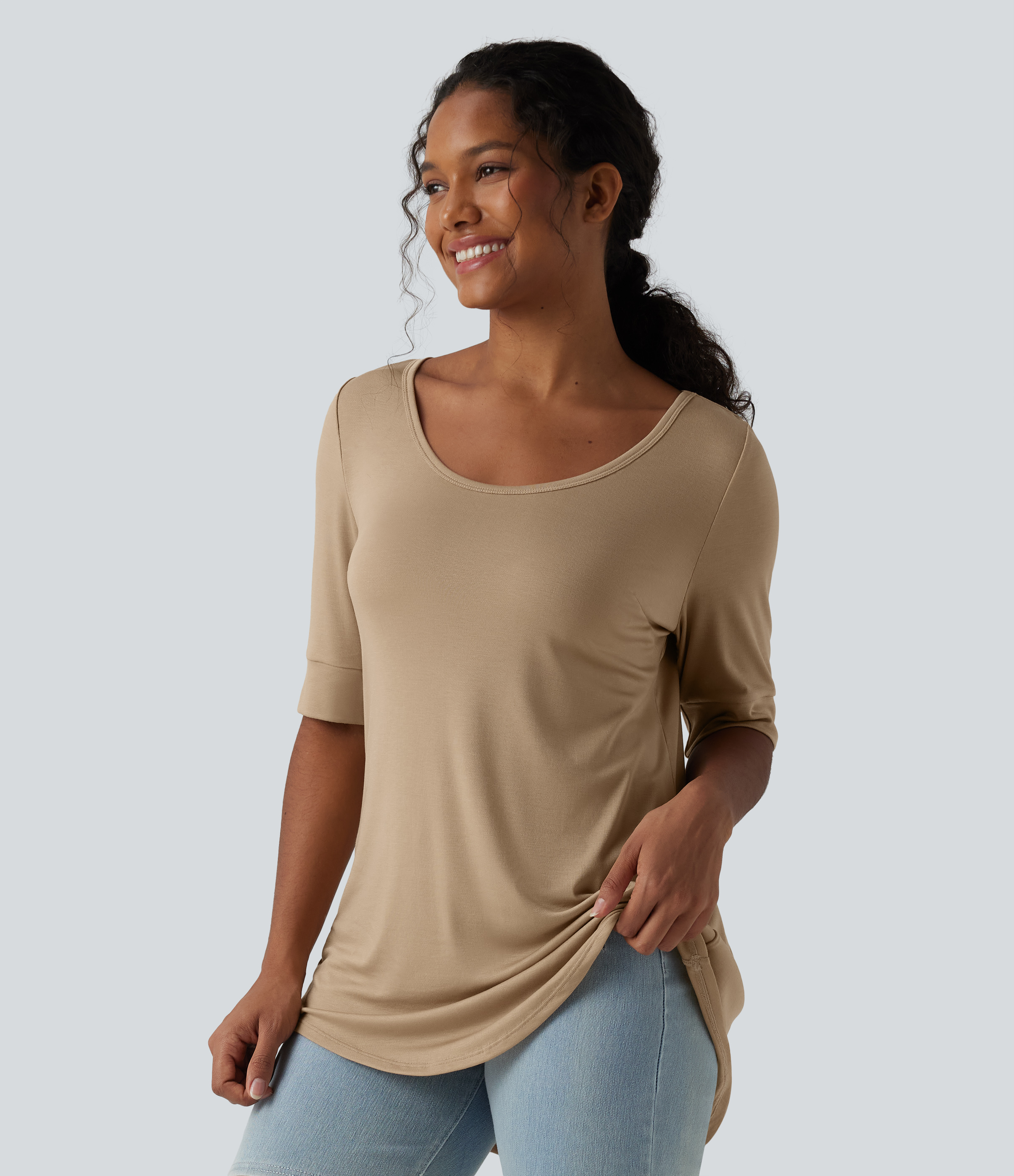 Ribbed Knit Scoop Neck Half Sleeve Curved Hem Longline Casual T-Shirt