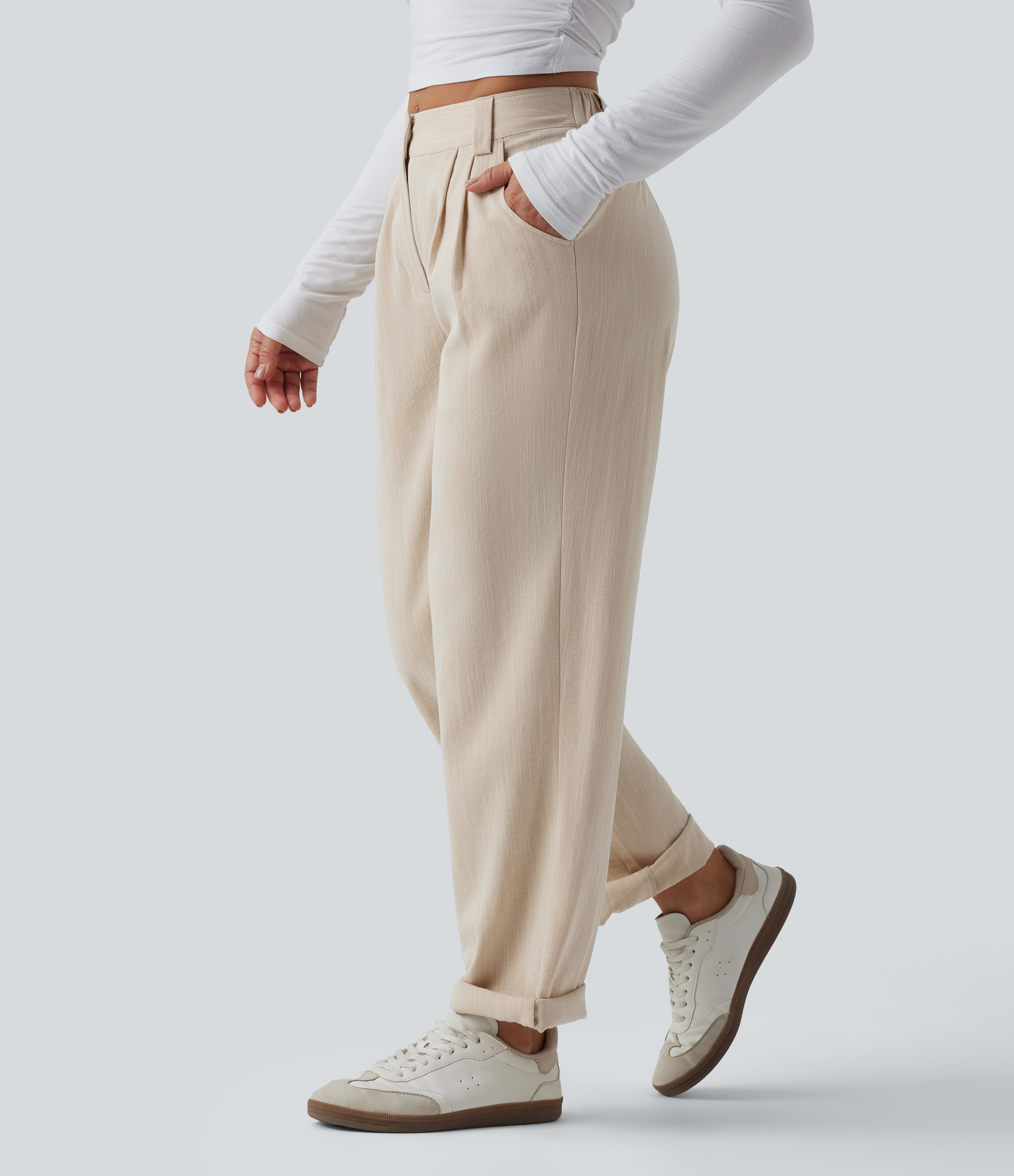 Pantalones informales de tiro medio con efecto lino y bolsillos