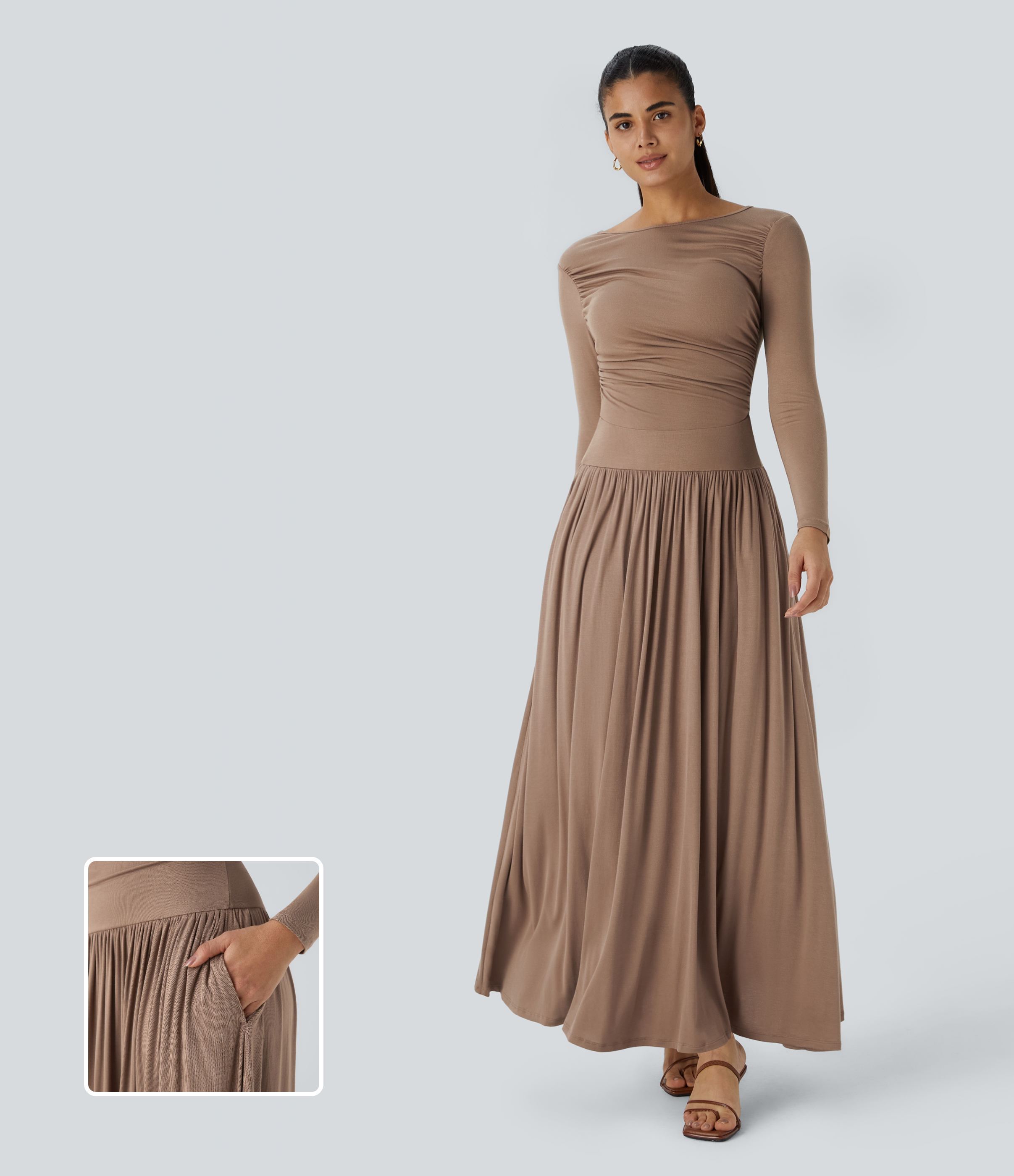 Fließendes, geripptes Maxi-Freizeitkleid mit U-Boot-Ausschnitt, Rüschen und Seitentaschen