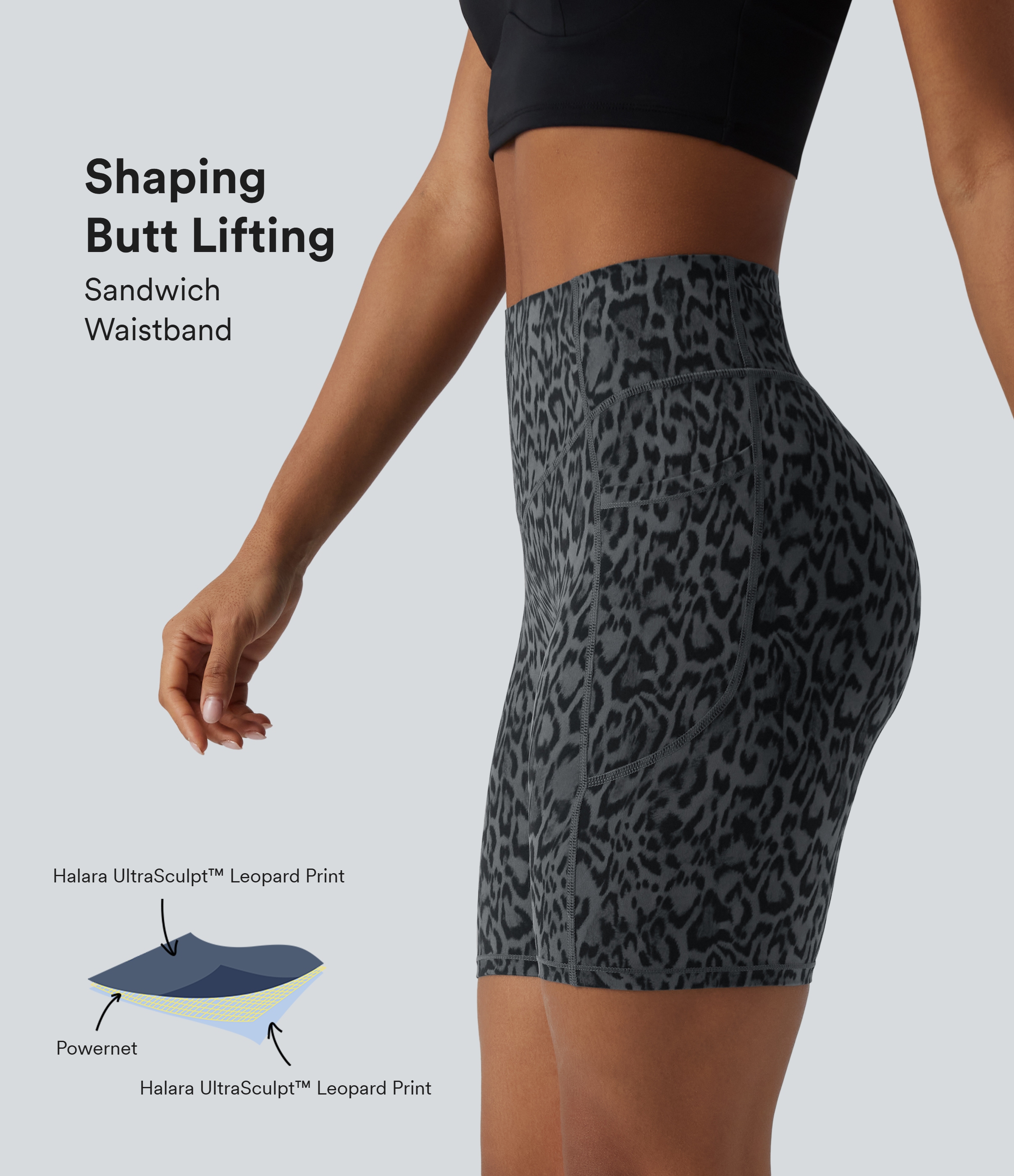 Halara UltraSculpt™ Leopard Print High Waisted Scrunch Butt Lifting Tummy Control Training Biker Shorts 7'' with Pockets