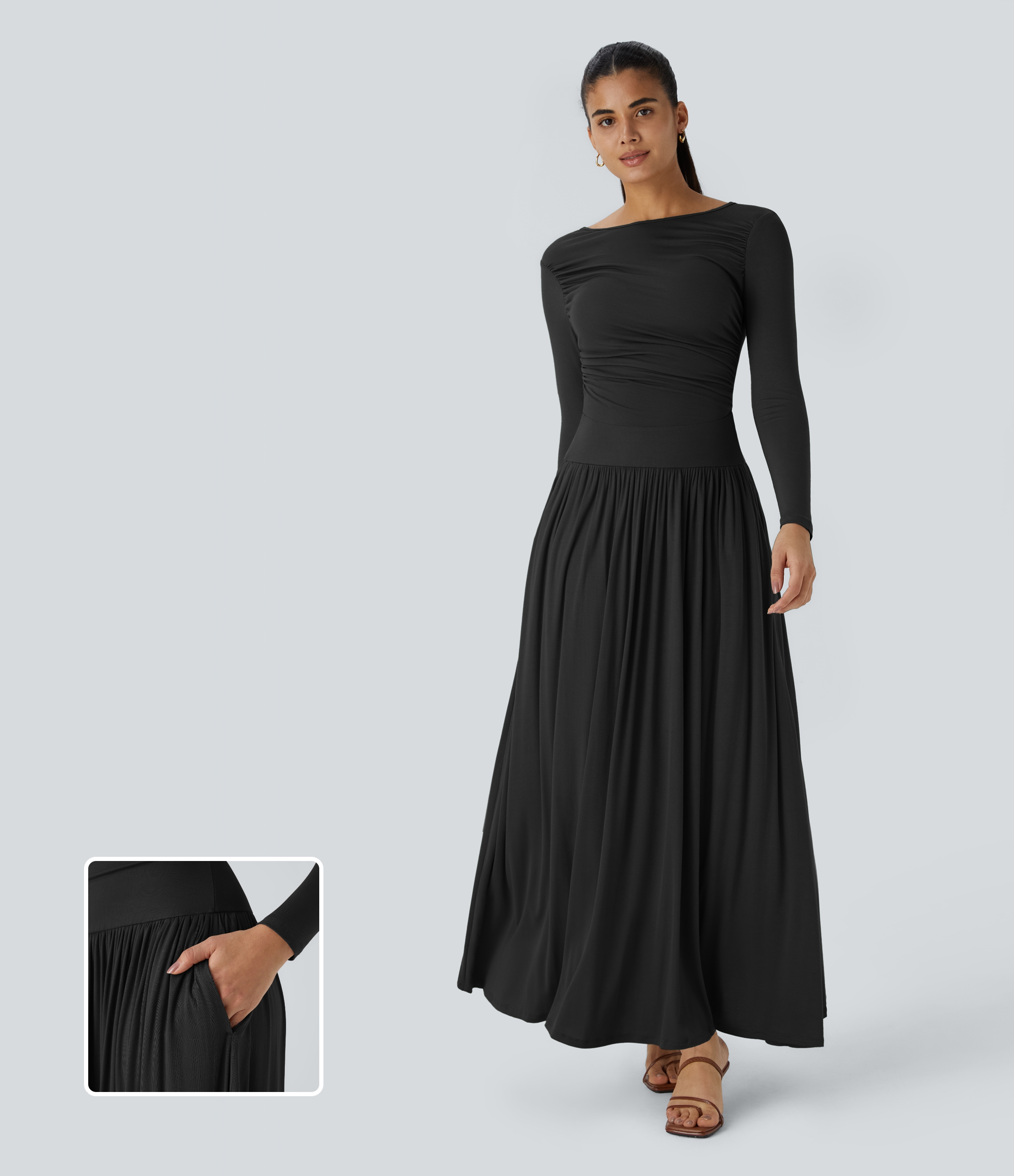 Robe Casual Maxi Fluide Encolure Bateau en Côtes avec Poches Latérales et Froncée