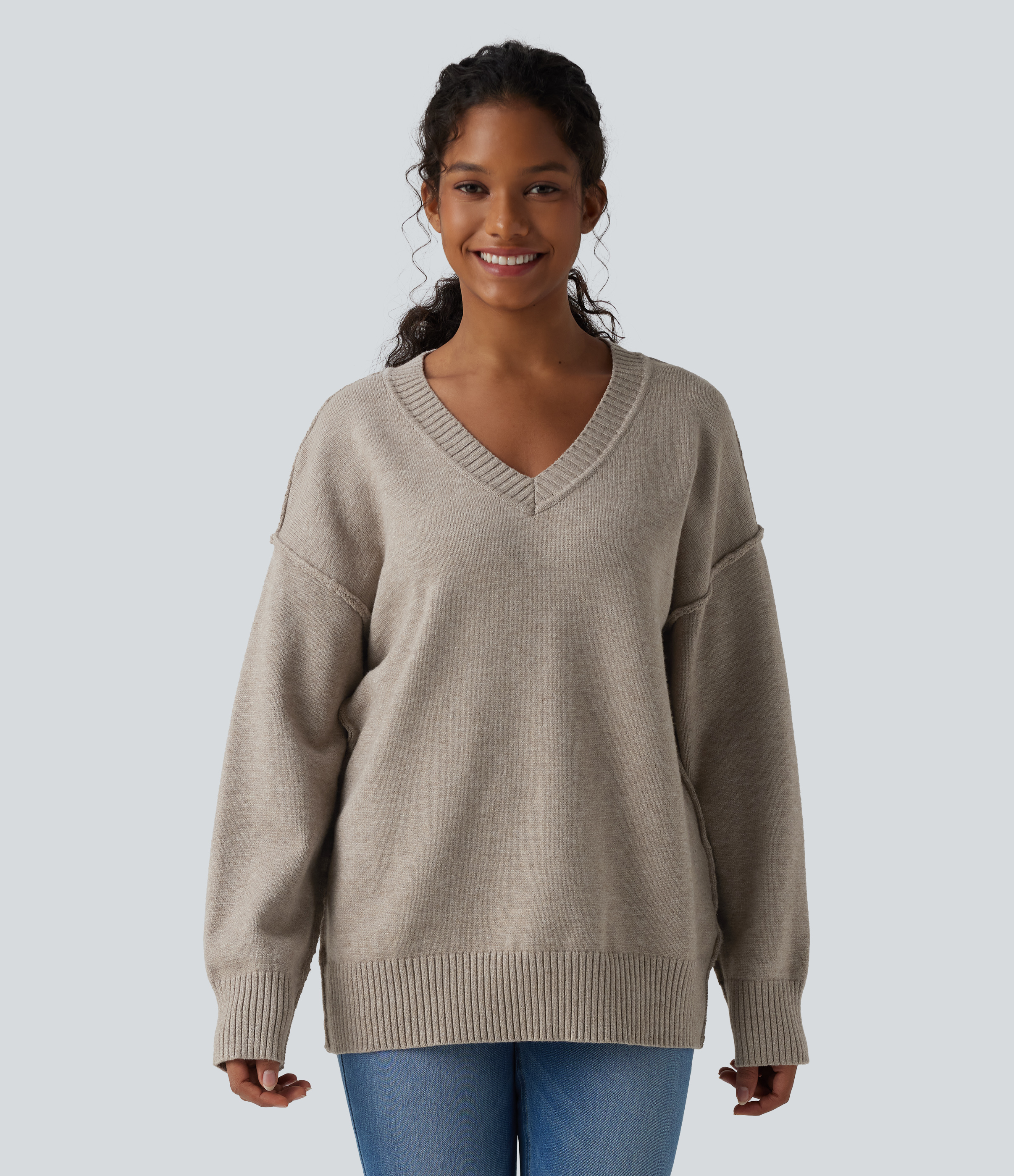 V-neck Dropped Shoulder Long Sleeve Casual Sweater