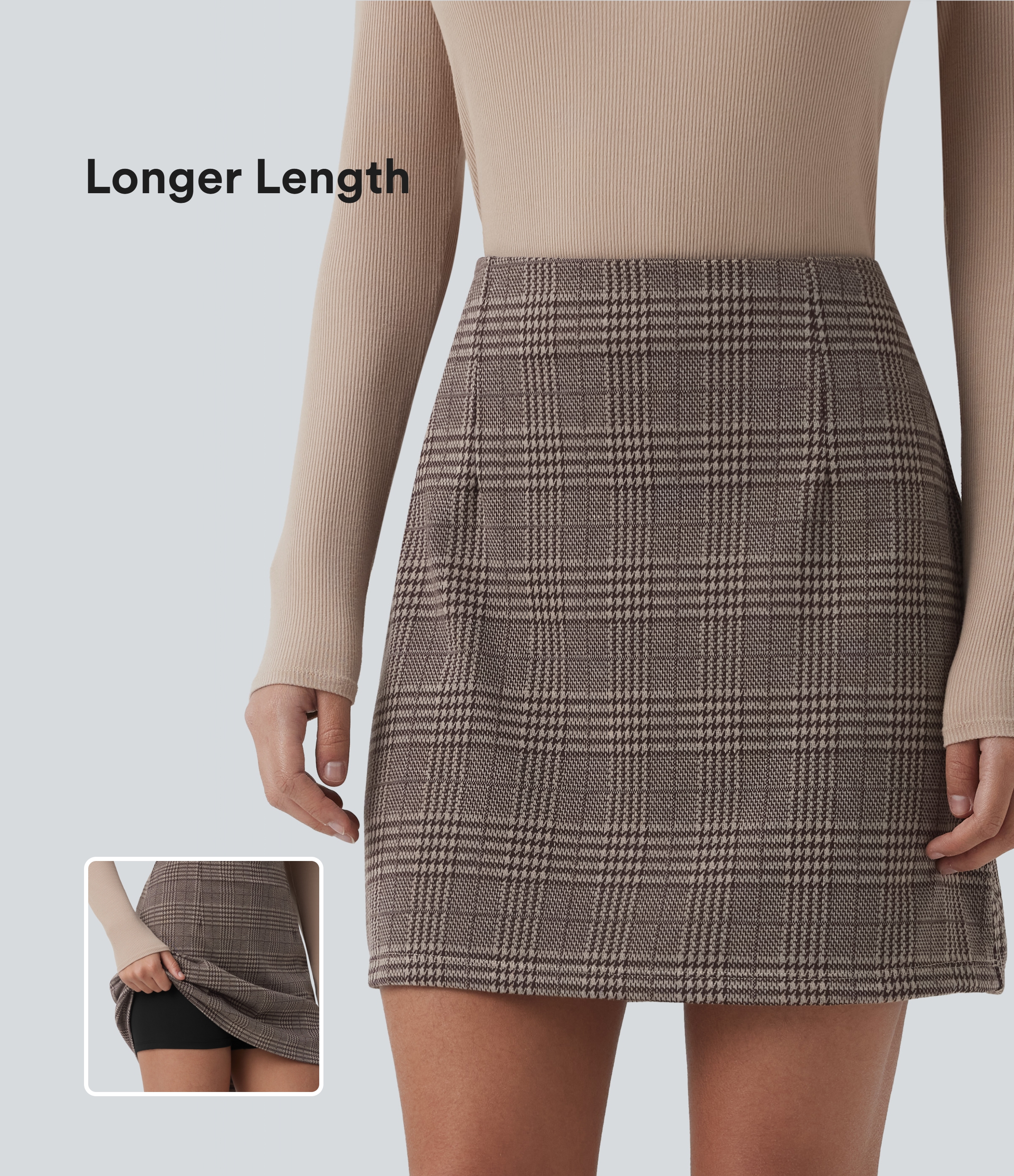 Jupe mini tailleur taille haute 2-en-1 à carreaux pied-de-poule - Longueur rallongée