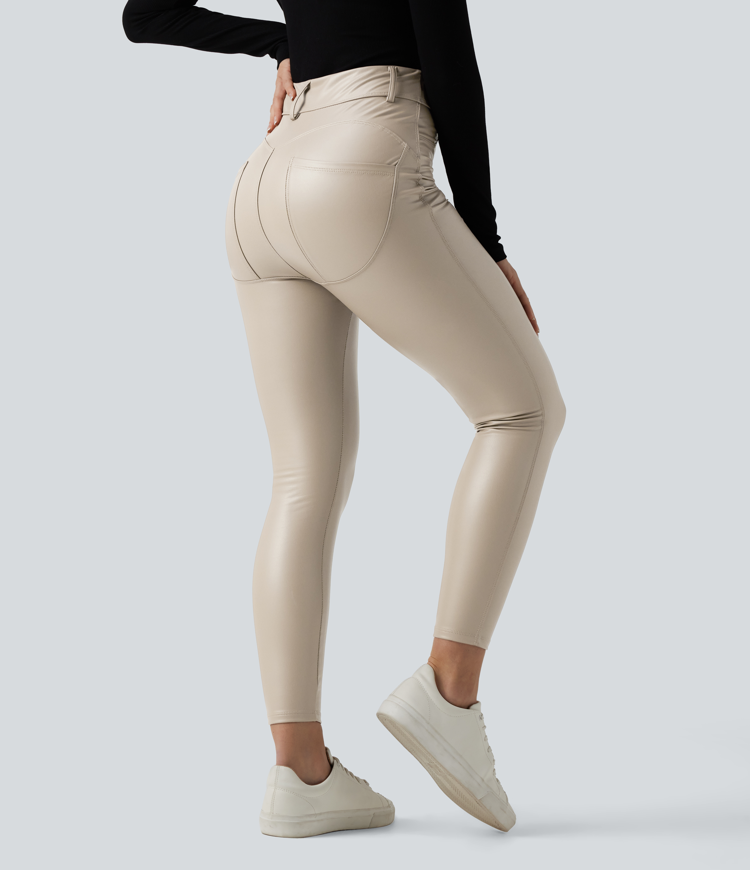 High Waisted Stretchy PU Fleece Casual Leggings with Pockets