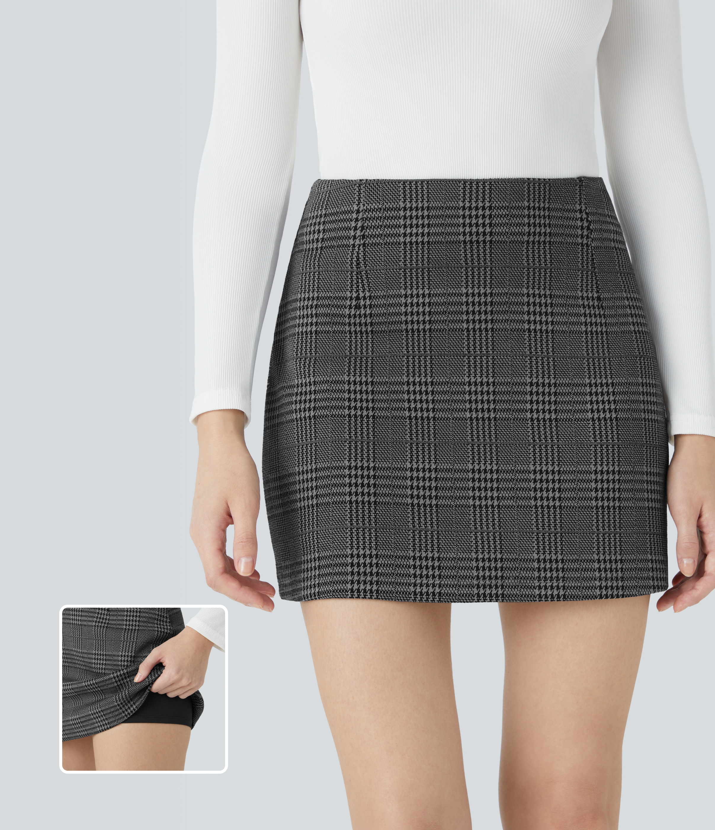 High-Waisted 2-in-1 Houndstooth Mini Work Skirt