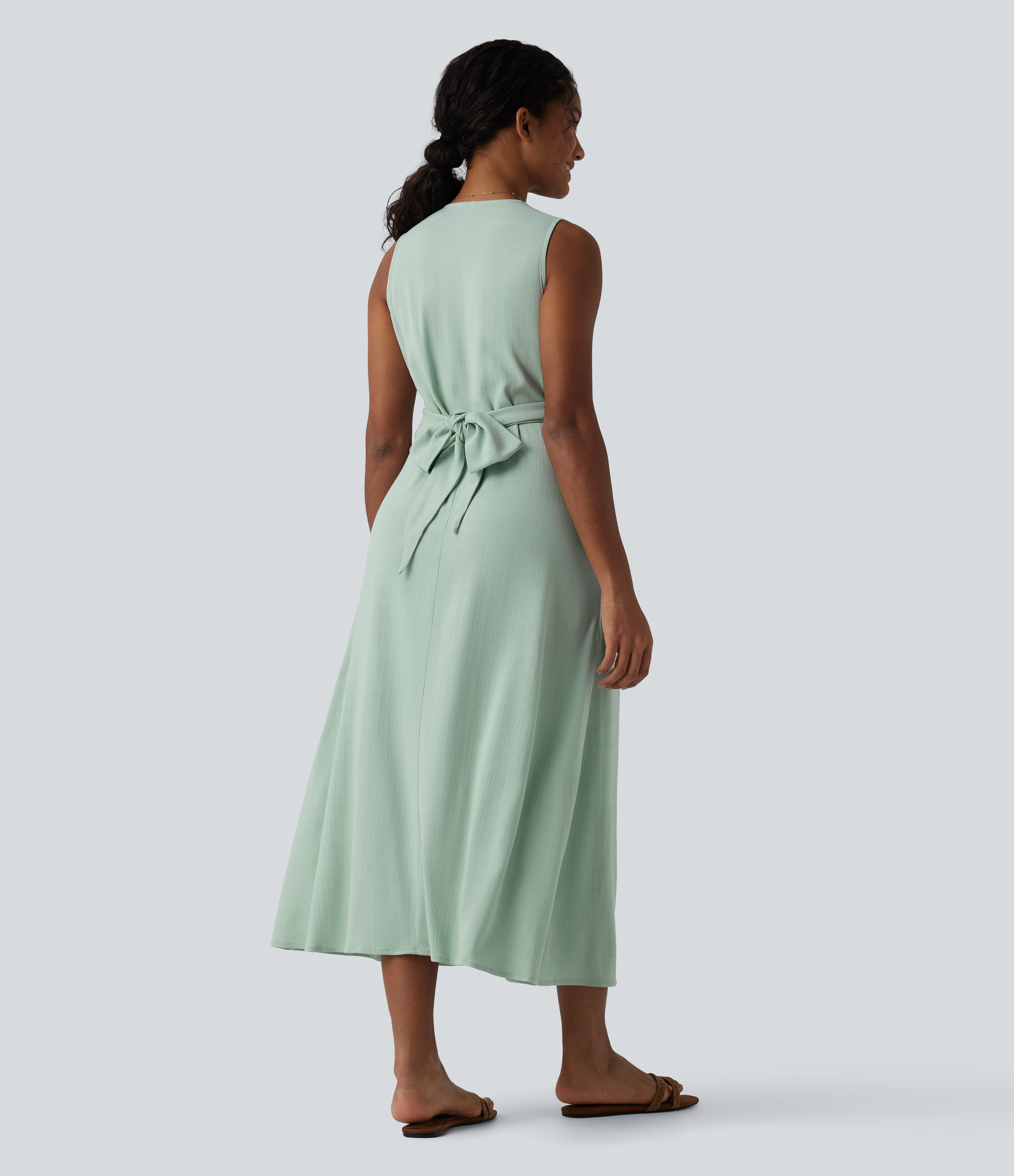 Neon Green V Neck Sleeveless Tie Back Midi Linen-Feel Dress with Pockets / 2