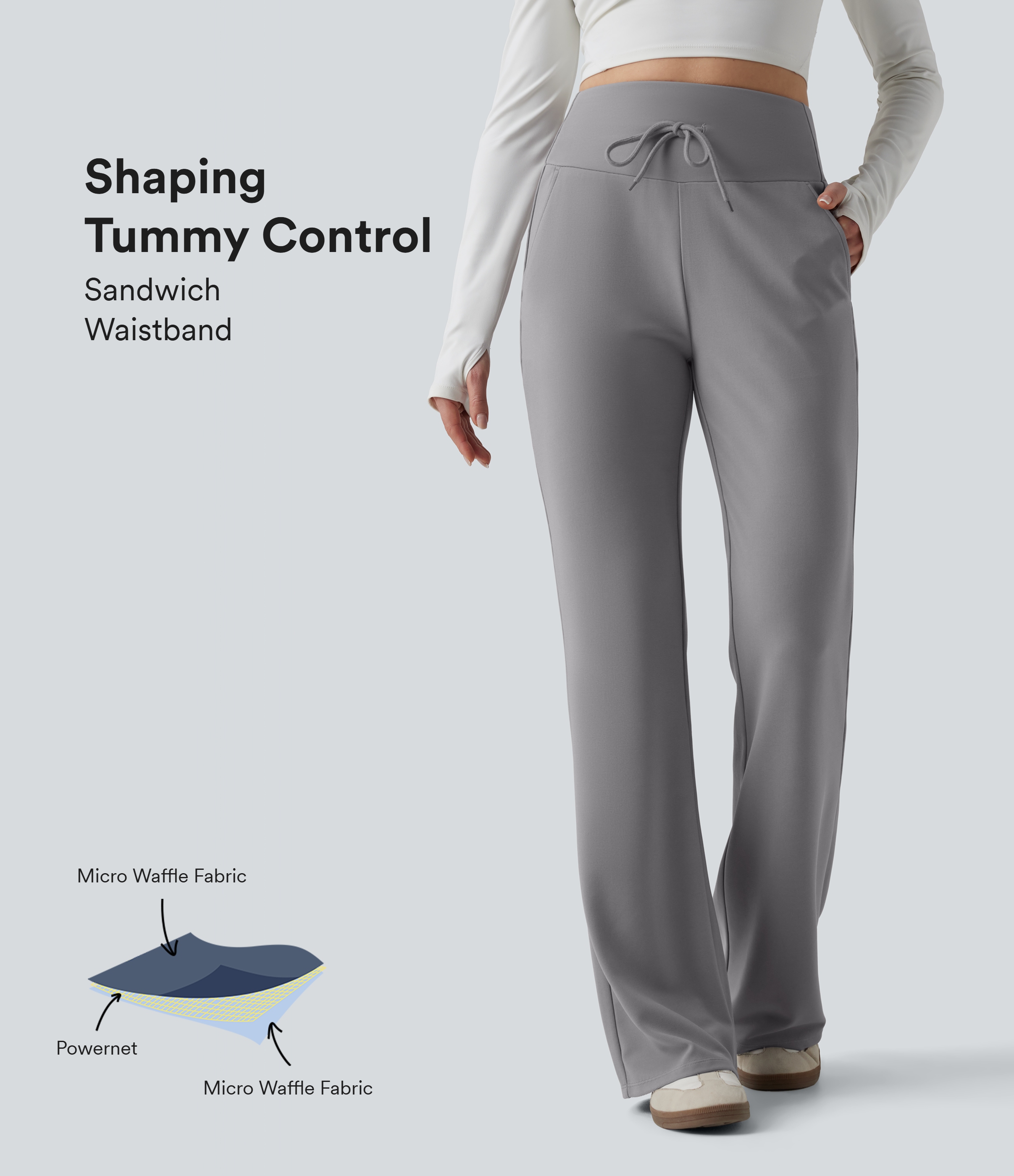 High Waisted Tummy Control Drawstring Micro Waffle Flare Casual Trousers with Pockets