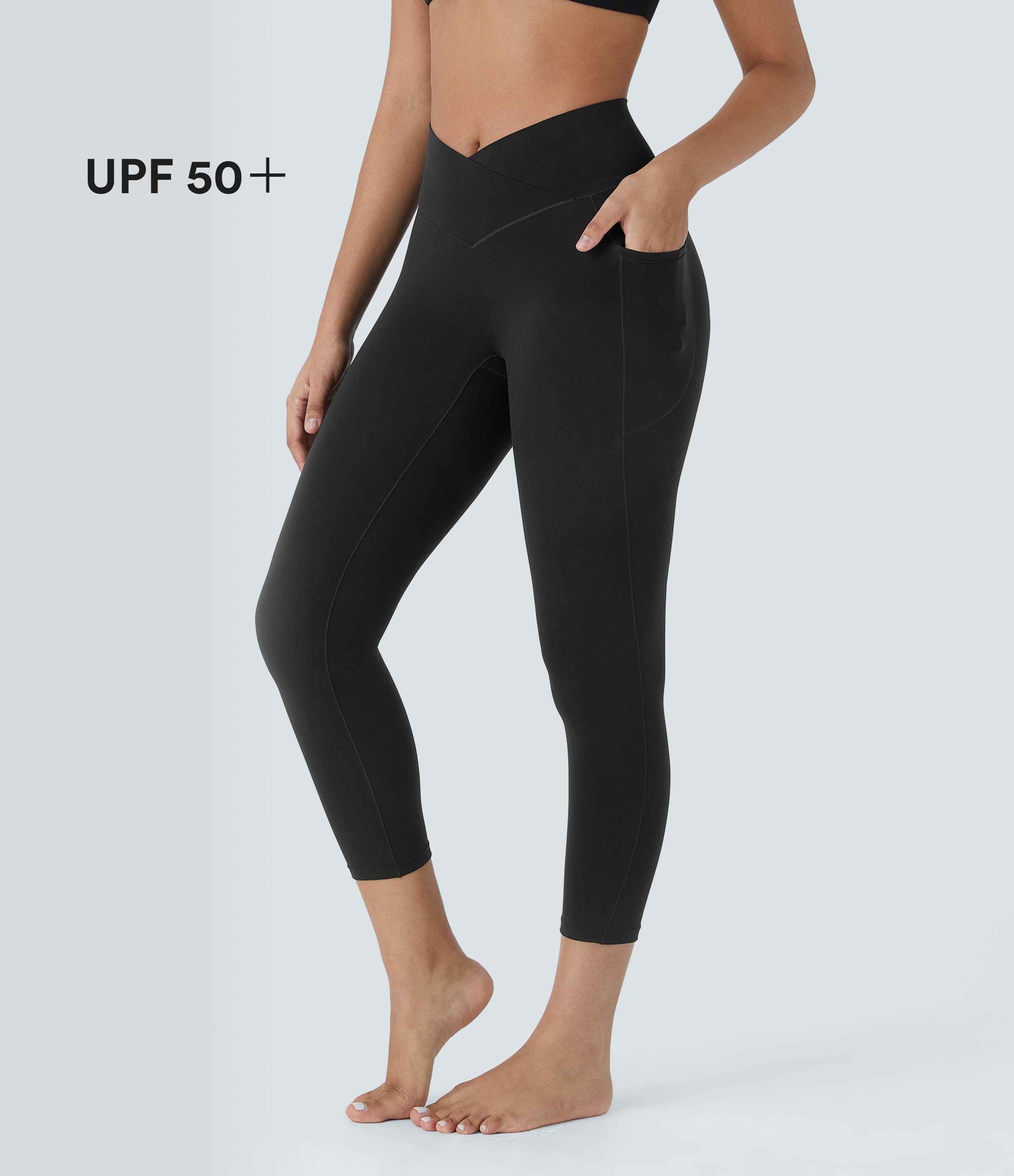 SoftlyZero™ High Waisted Crossover Capri Tights Women Gym Scrunch Yoga Leggings with Pockets-UPF50+