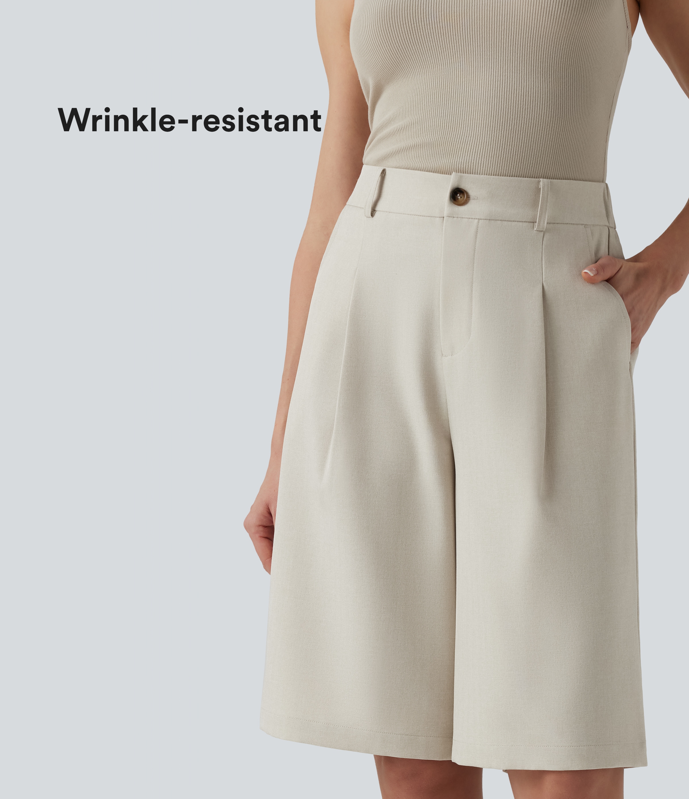 Wrinkle-resistant High Waisted Work Bermuda Linen-Feel Shorts with Pockets