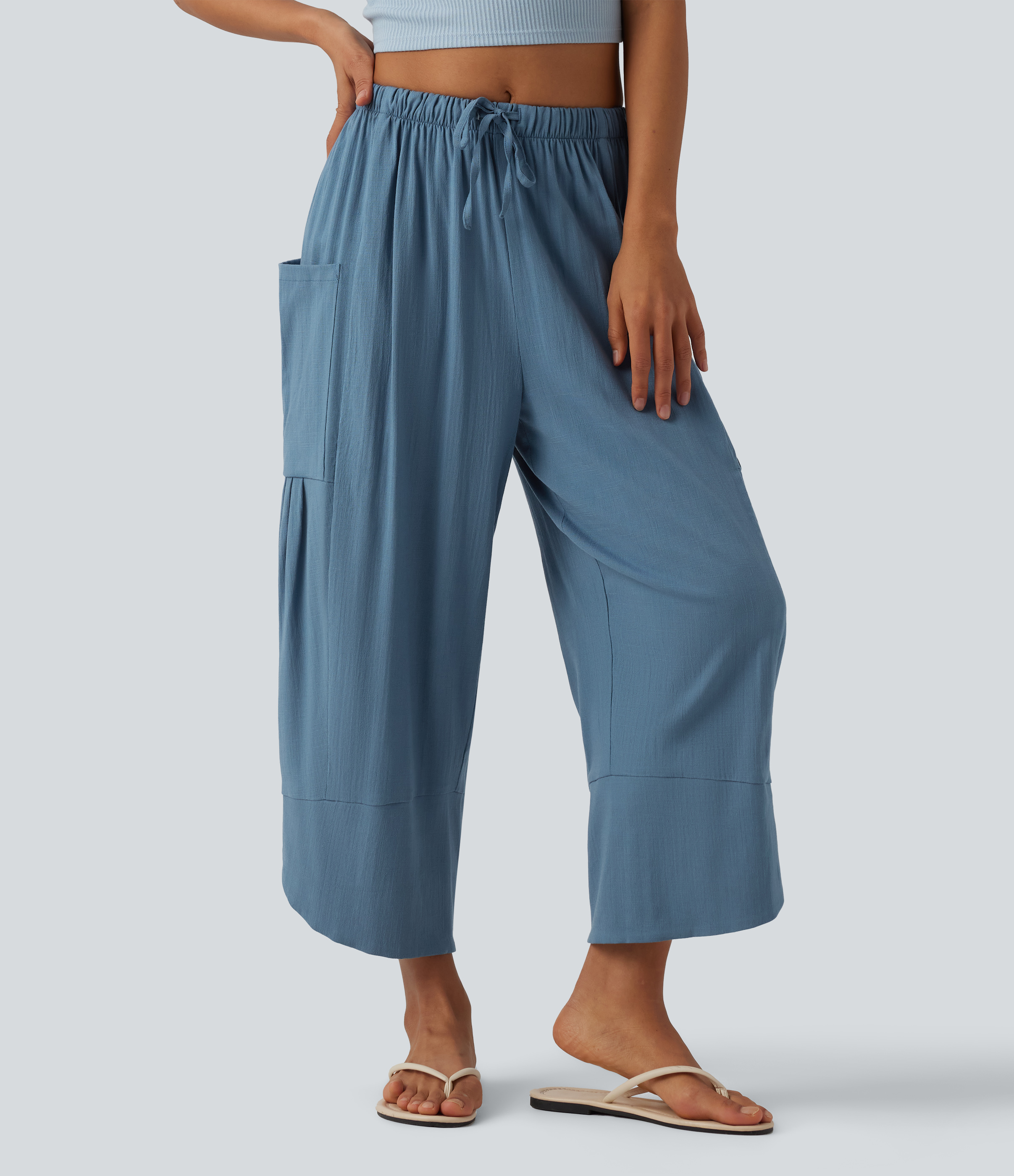High Waisted Drawstring Curved Hem Cropped Casual Linen-Feel Pants with Pockets