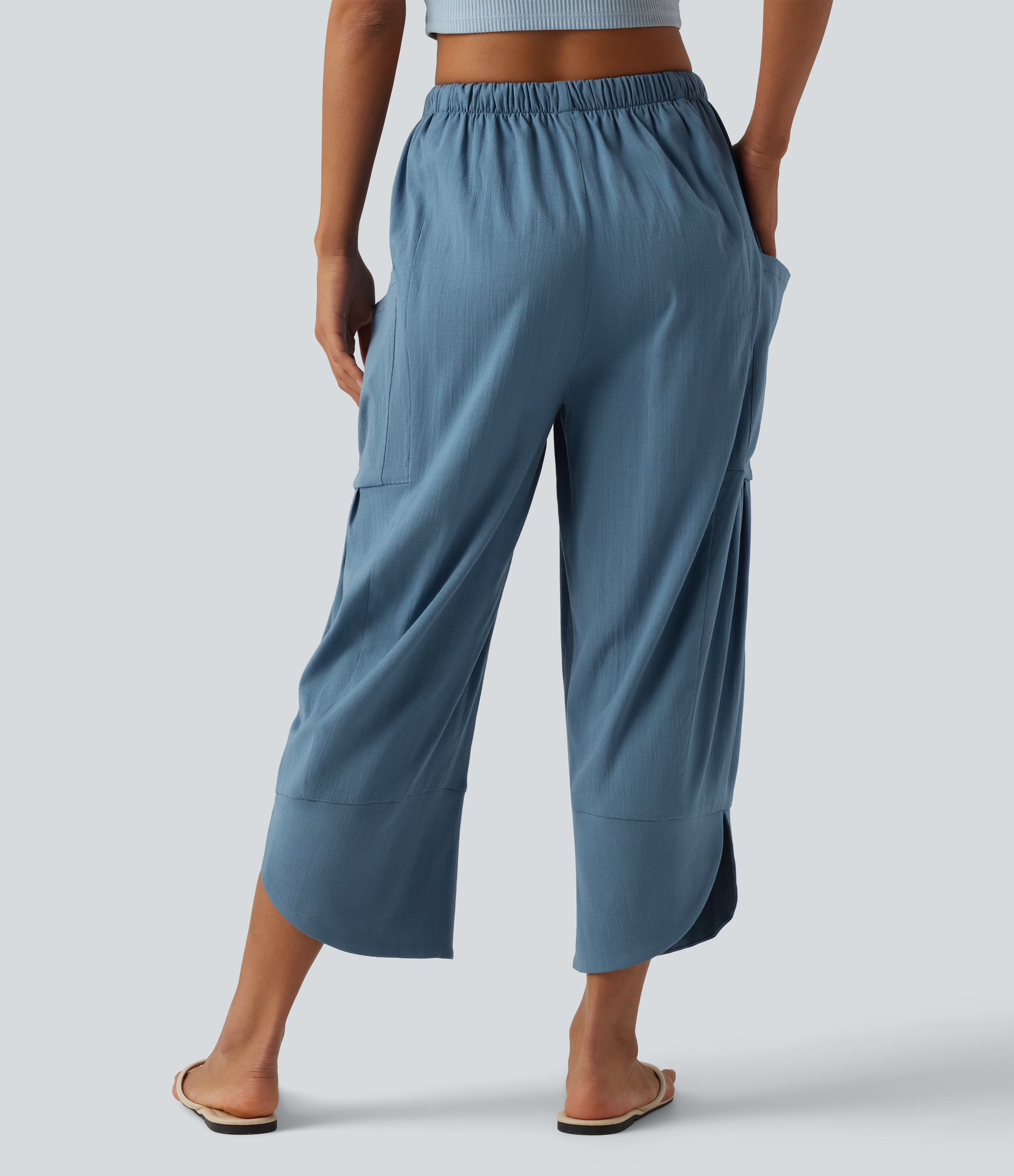 Light Blue High Waisted Drawstring Curved Hem Cropped Casual Linen-Feel Trousers with Pockets / 2