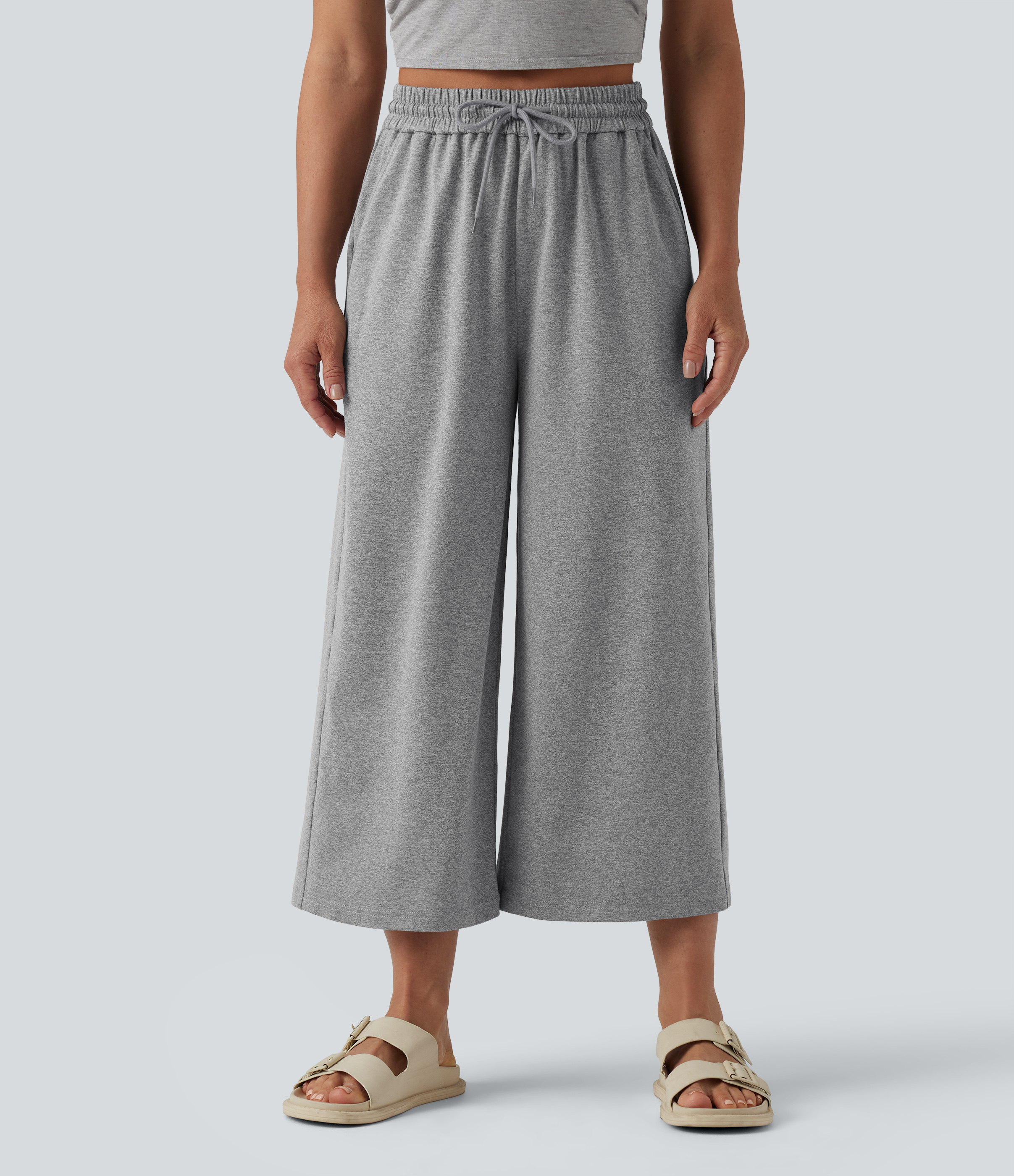 High Waisted Drawstring Wide Leg Cropped Casual Pants with Pockets