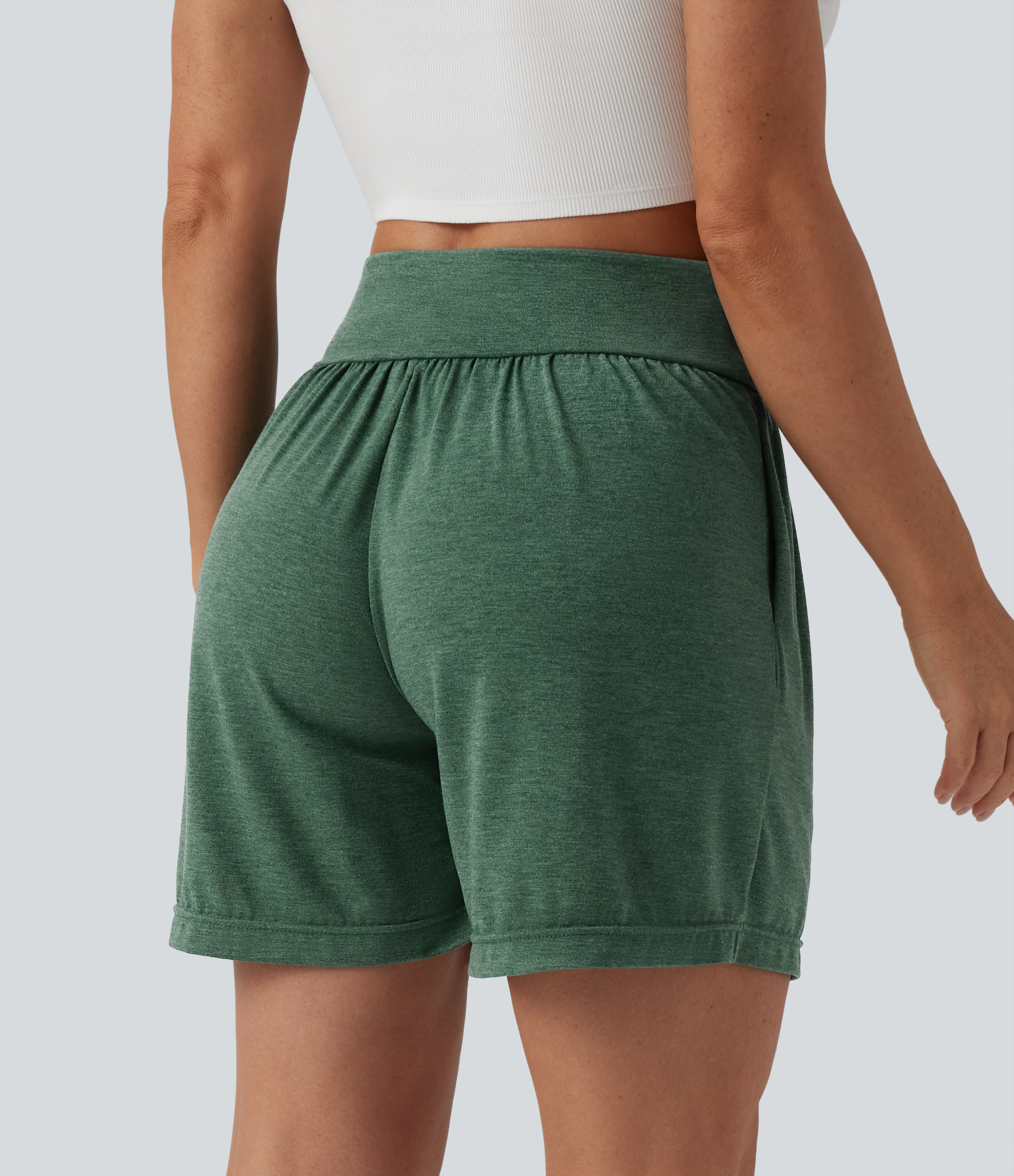 Emerald Floral Yarn High Waisted Crossover Casual Shorts 5'' with Pockets / 2