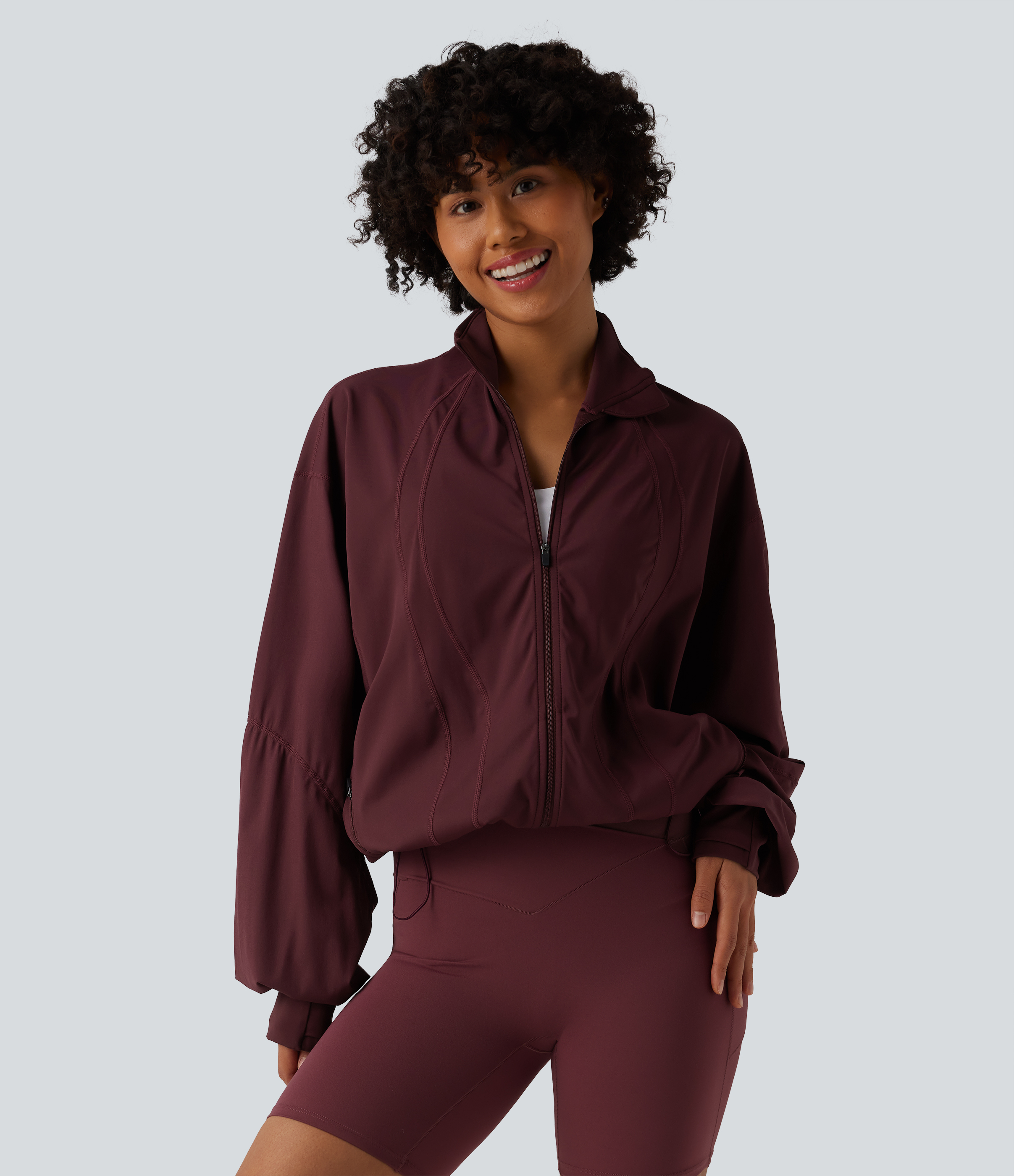 Stand Collar Thumb Holes Drawstring Hem Workout Oversized Jacket with Pockets