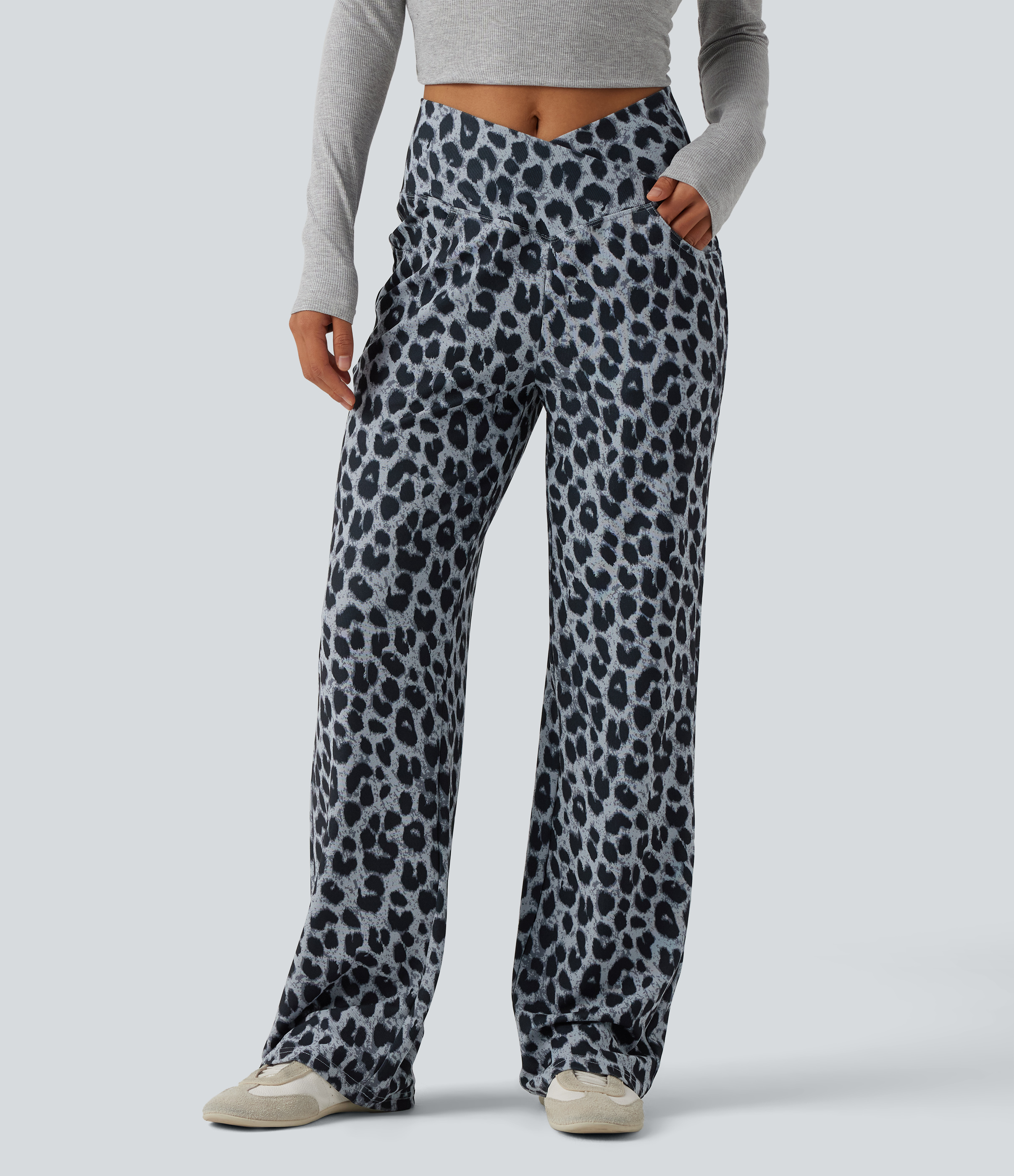 High Waisted Crossover Wide Leg Leopard Print Waffle Casual Pants with Pockets