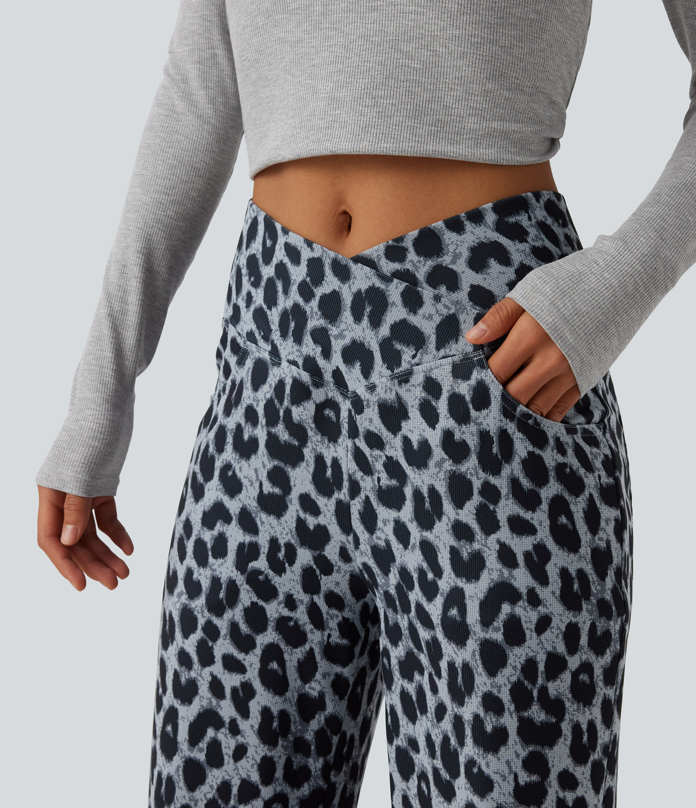 Women's High Waisted Crossover Wide Leg Leopard Print Waffle