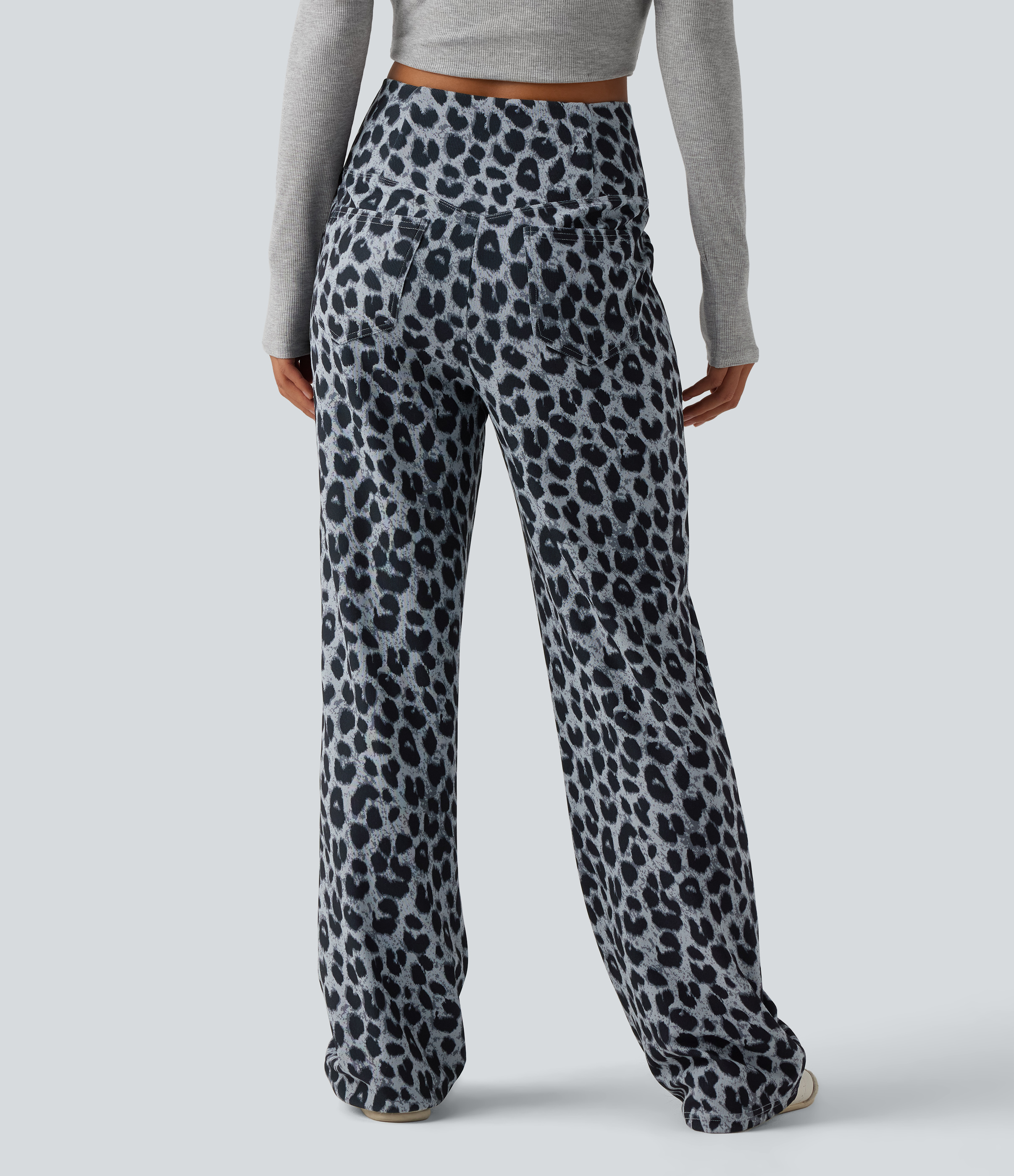 Frosted Panther Lässige Hose mit hohem Crossover-Bund, mehreren Taschen, Leopardenmuster, Waffelstruktur und weitem Bein / 2