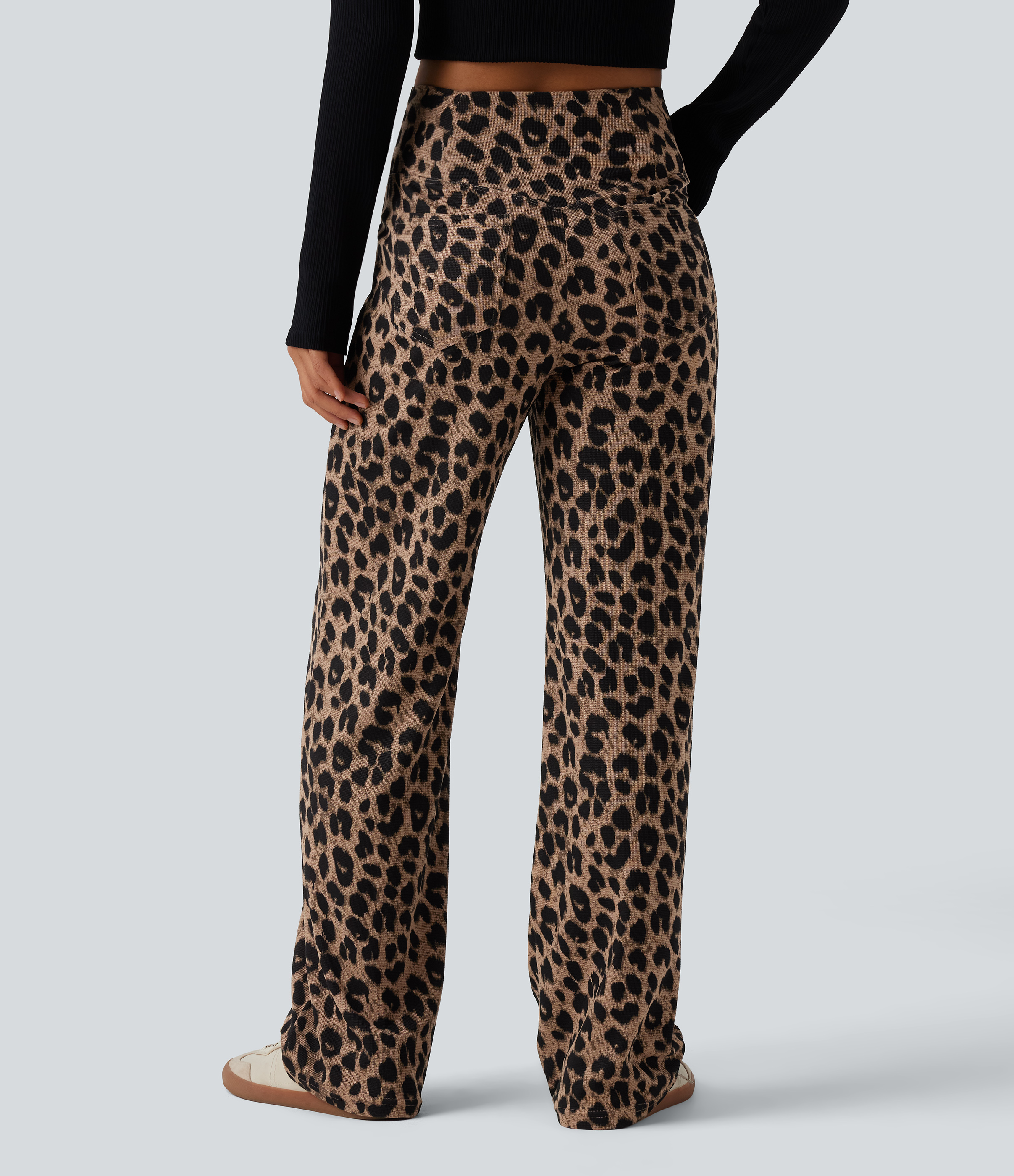 Noir Safari Pantalon large décontracté taille haute croisé imprimé léopard en tissu gaufré avec poches / 2
