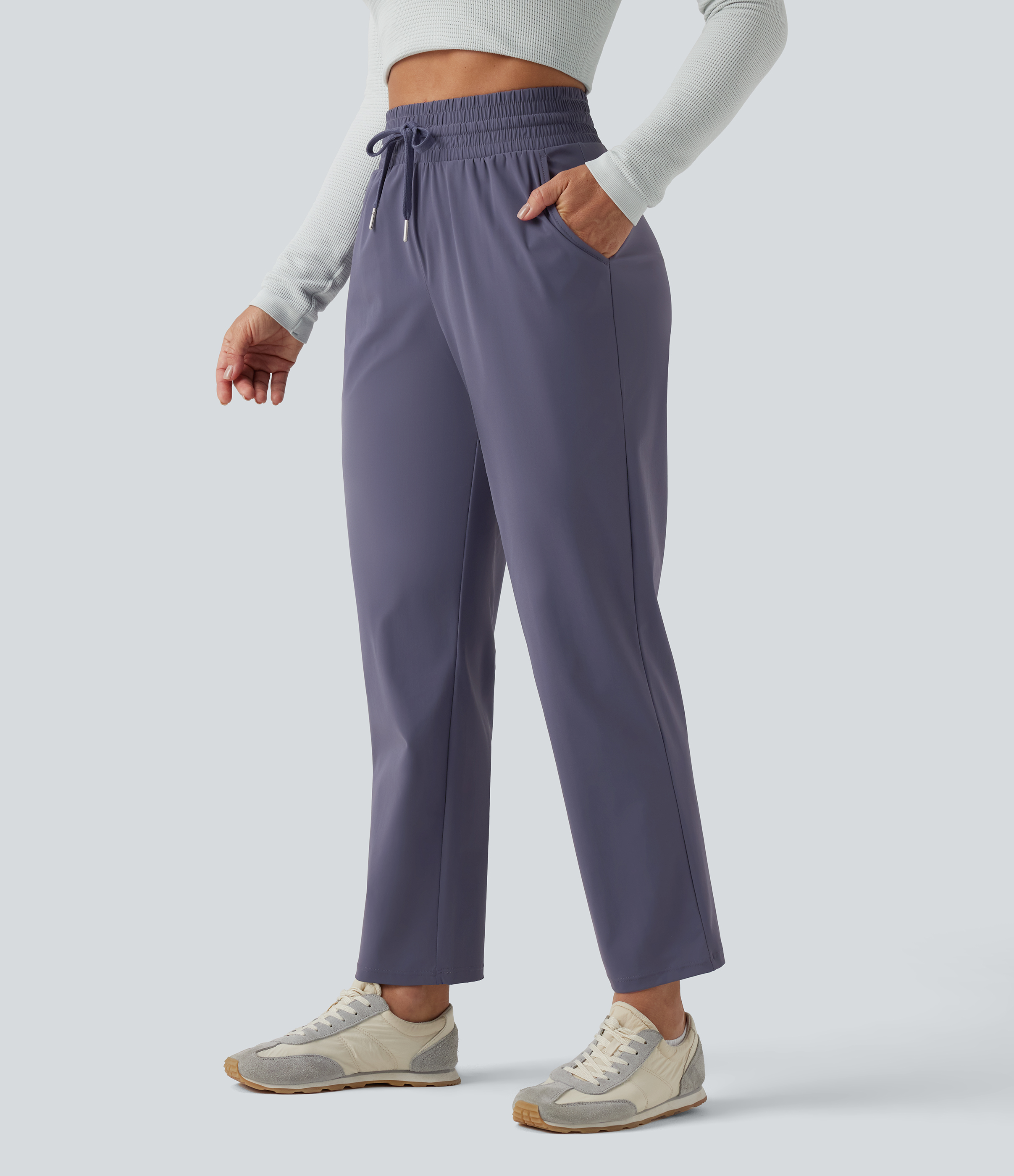 High Waisted Drawstring Tapered Quick Dry Casual Trousers with Pockets