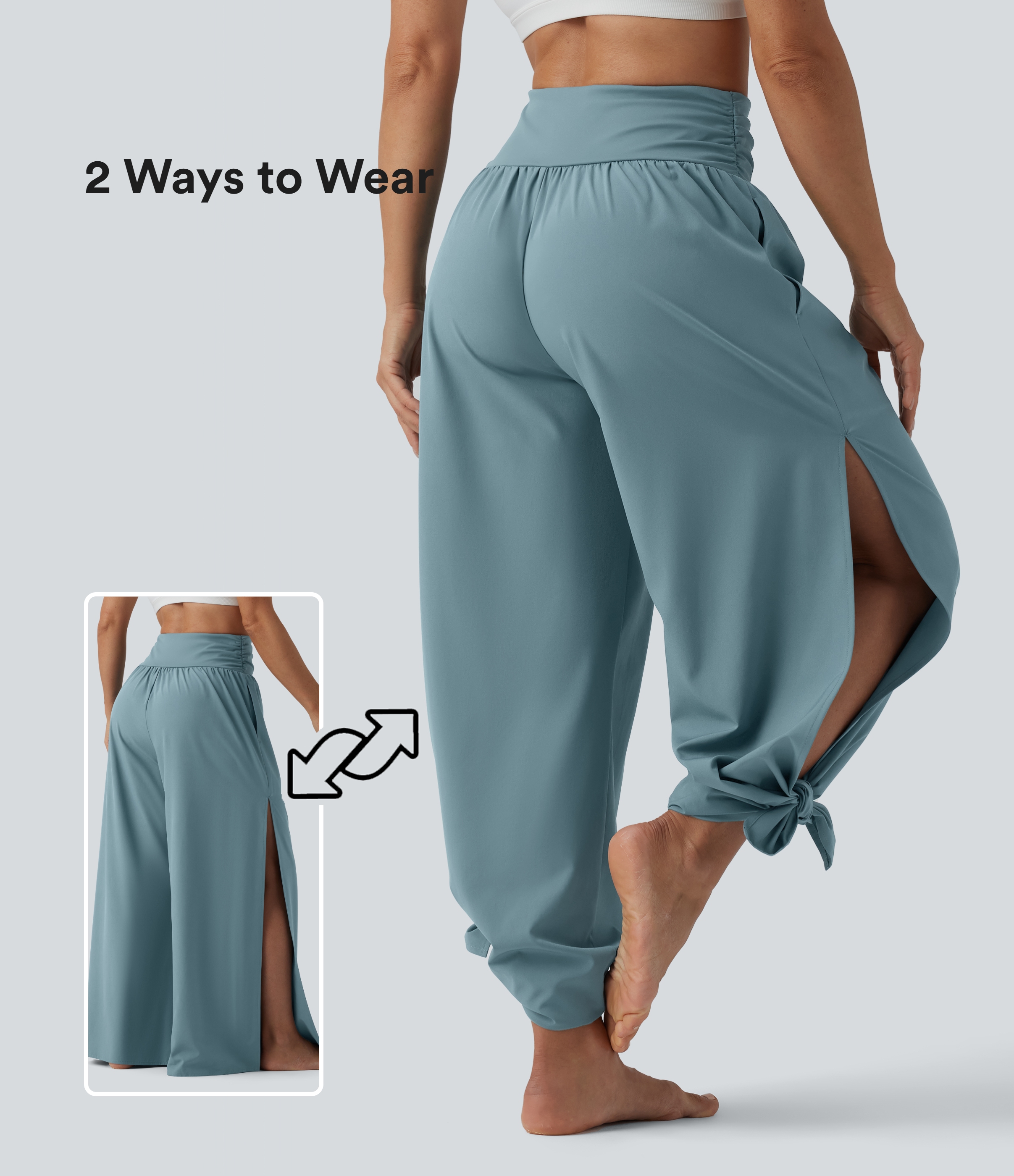 Breezeful™ High Waisted Ruched Split Quick Dry Resort Flowy Trousers with Pockets