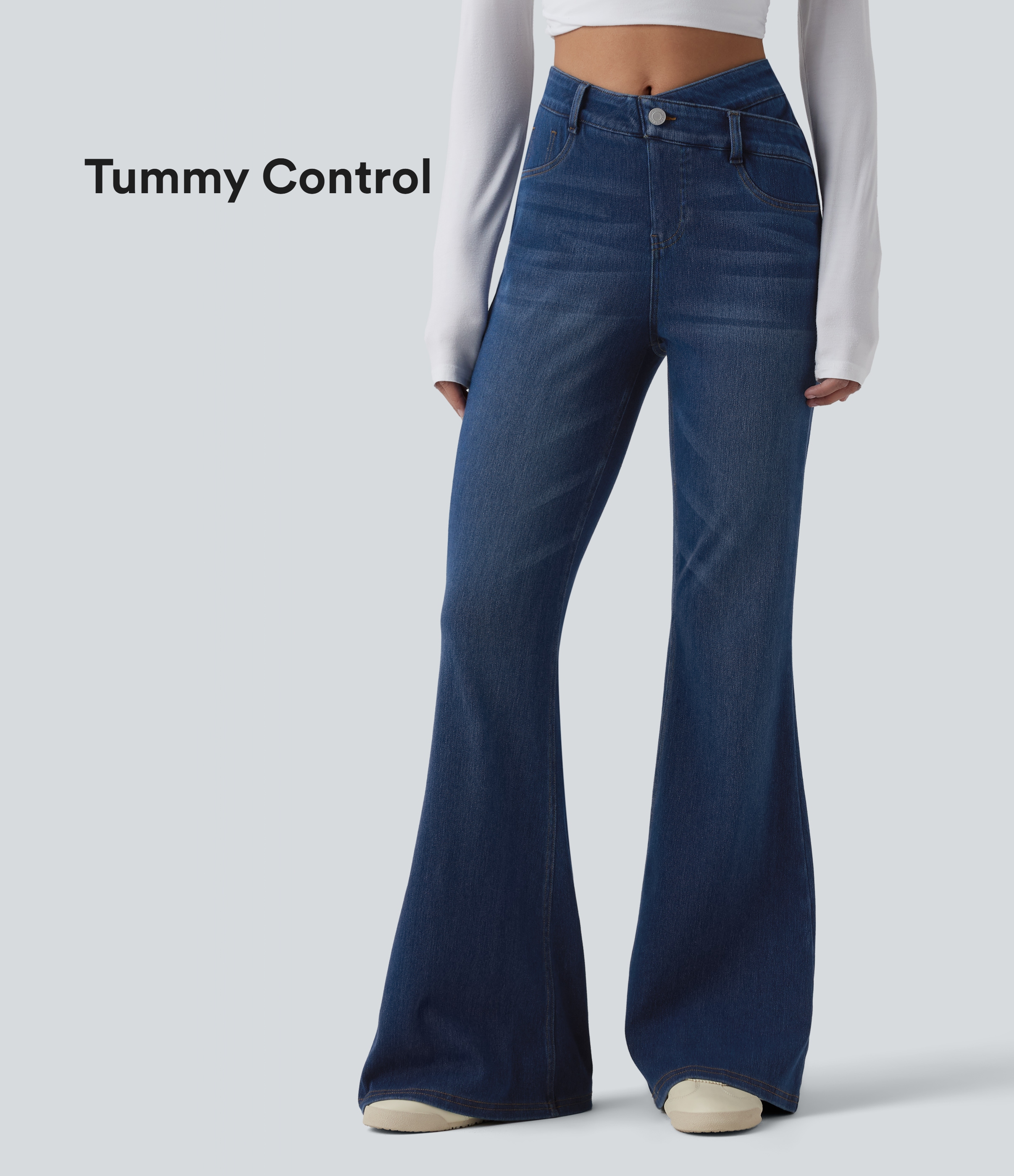 Halara Flex™ - Lässige Bootcut-Jeans mit hohem Crossover-Bund, Gesäßtaschen und Bauchkontrolle