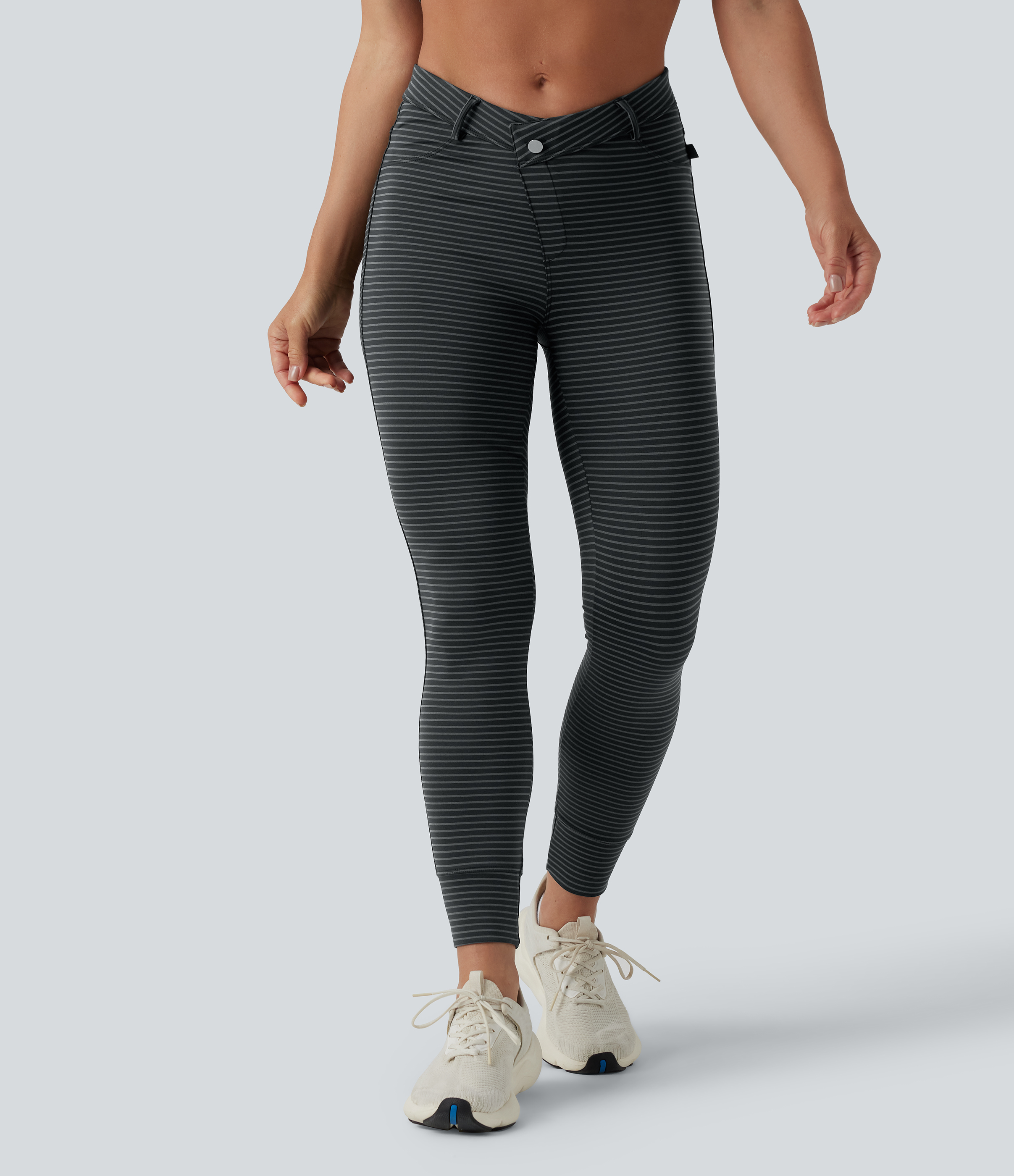 Asymmetric High Waisted Stripes Workout 7/8 Leggings with Pockets