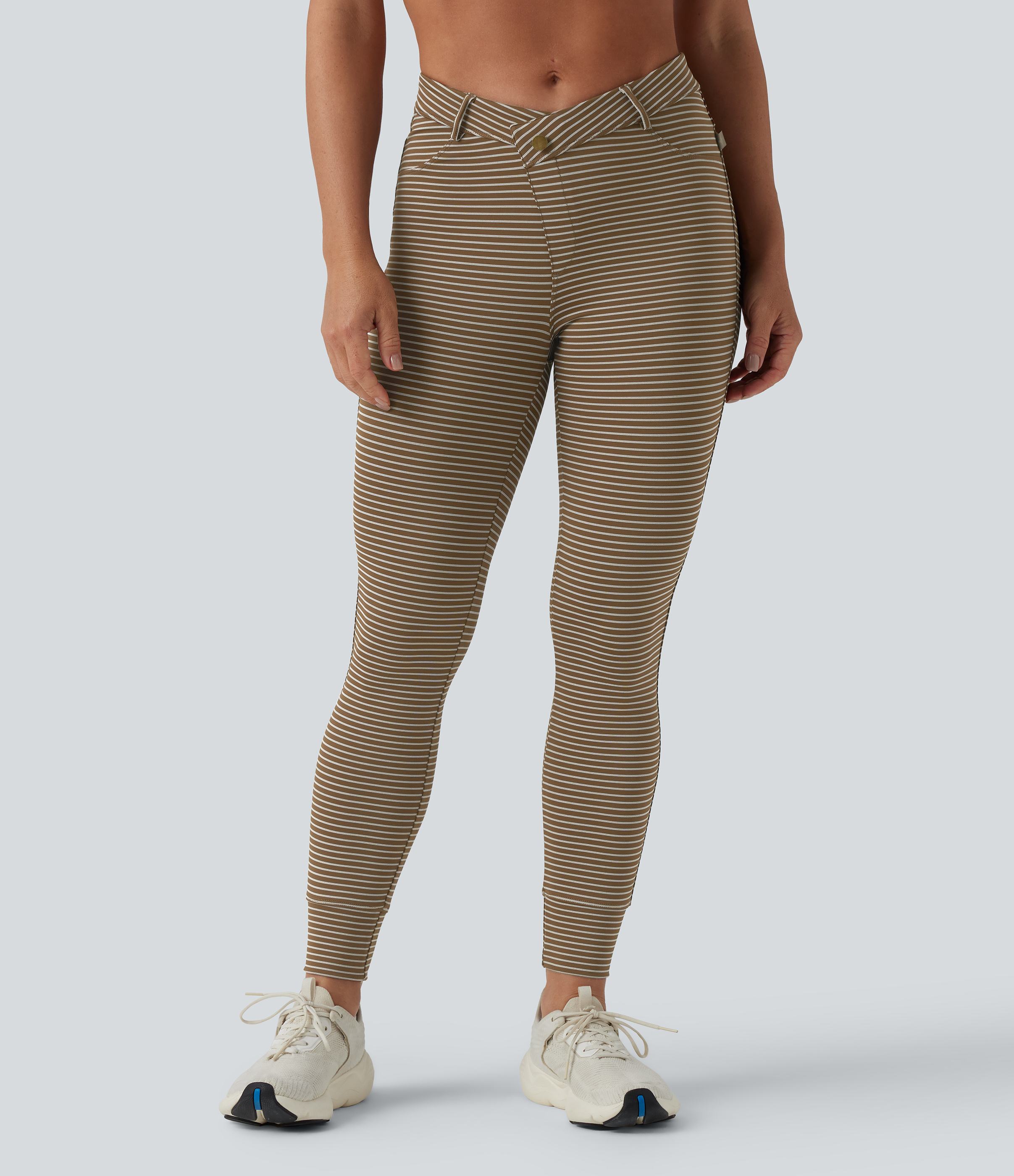 Asymmetric High Waisted Stripes Workout 7/8 Leggings with Pockets