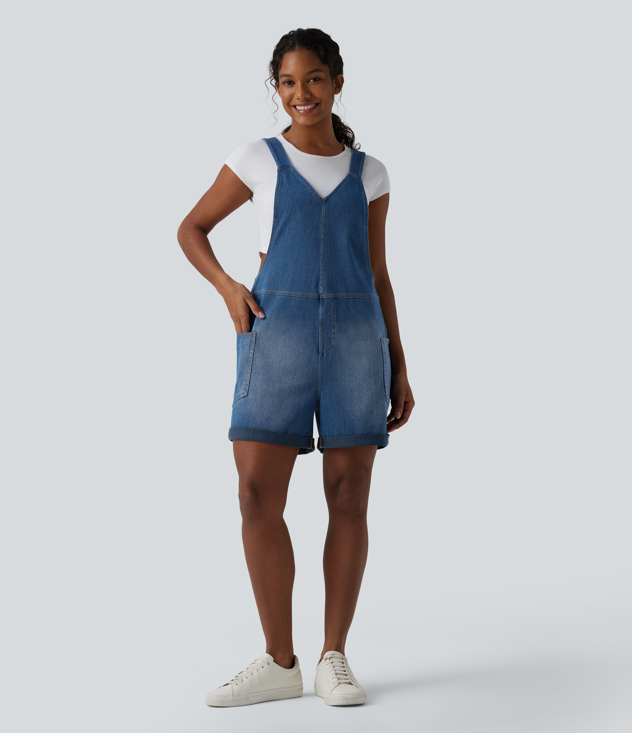 Halara Flex™ V Neck Rolled Hem Washed Denim Casual Dungarees with Pockets
