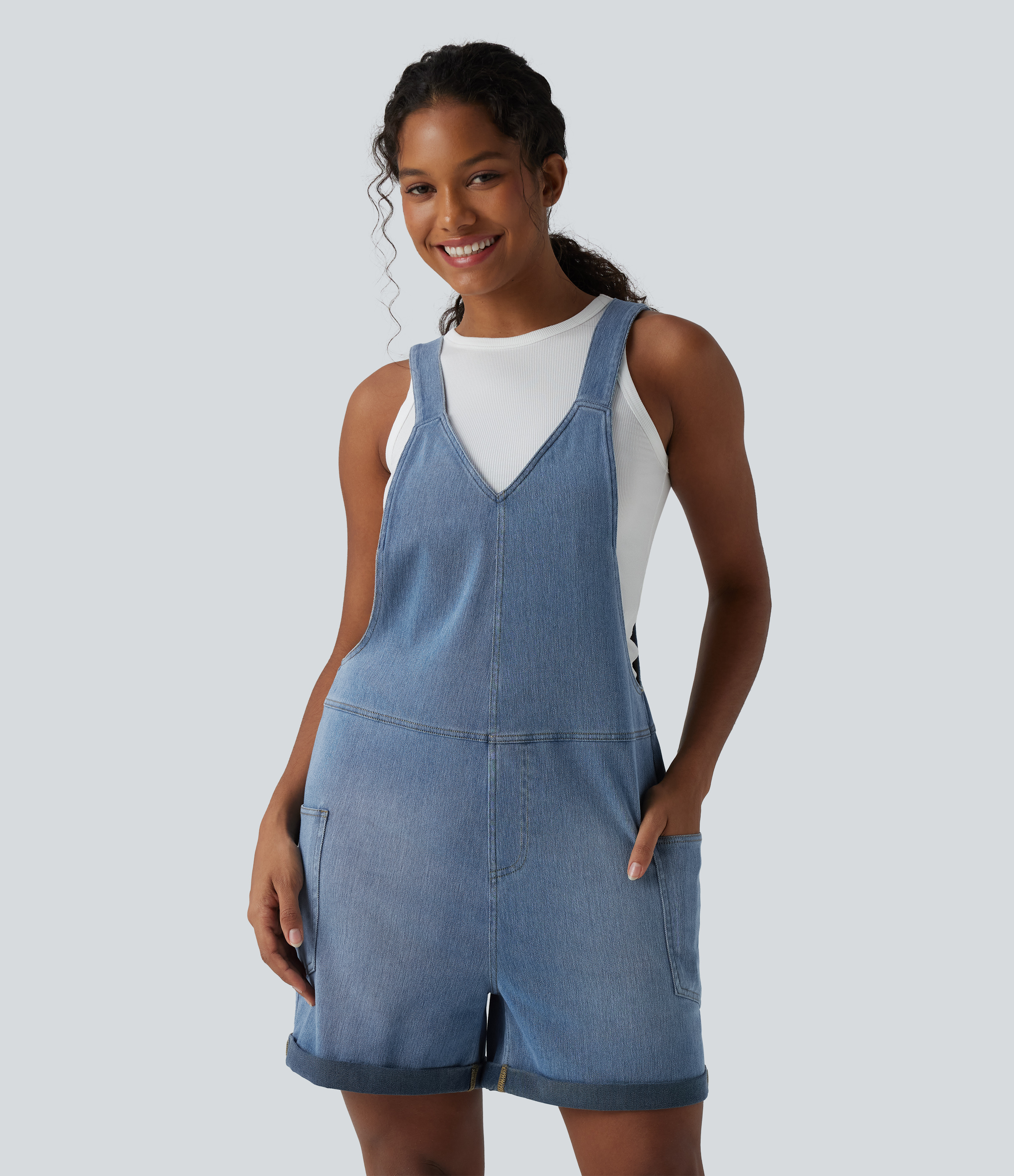 Malibu Blue Denim Halara Flex™ V Neck Rolled Hem Washed Denim Casual Short Overalls with Pockets / 2