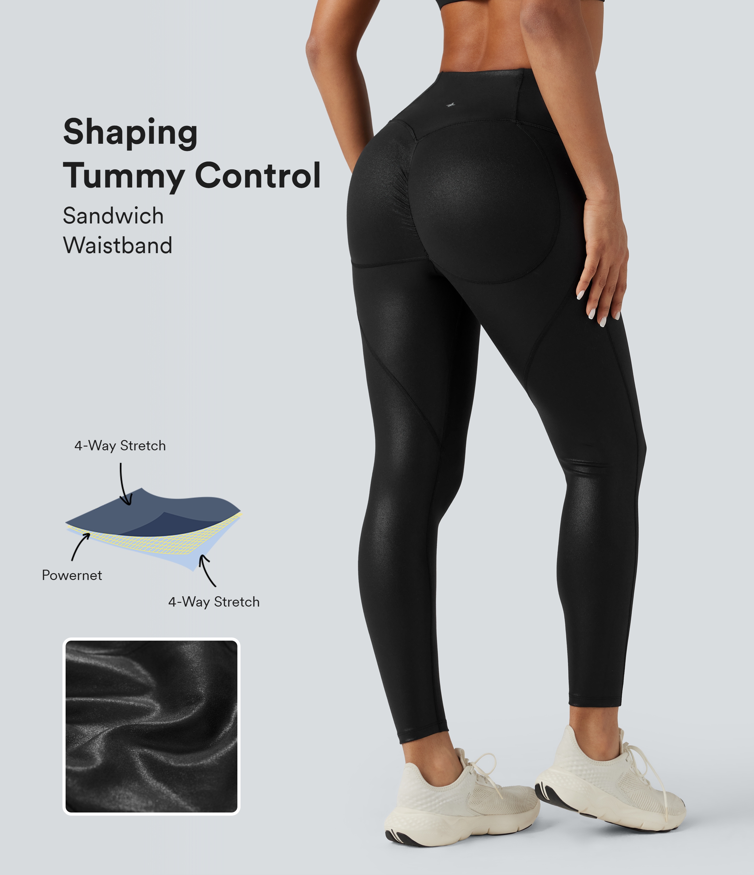 Faux Leather Shine High-waisted Tummy Control Scrunch Training 7/8 Leggings with Pocket