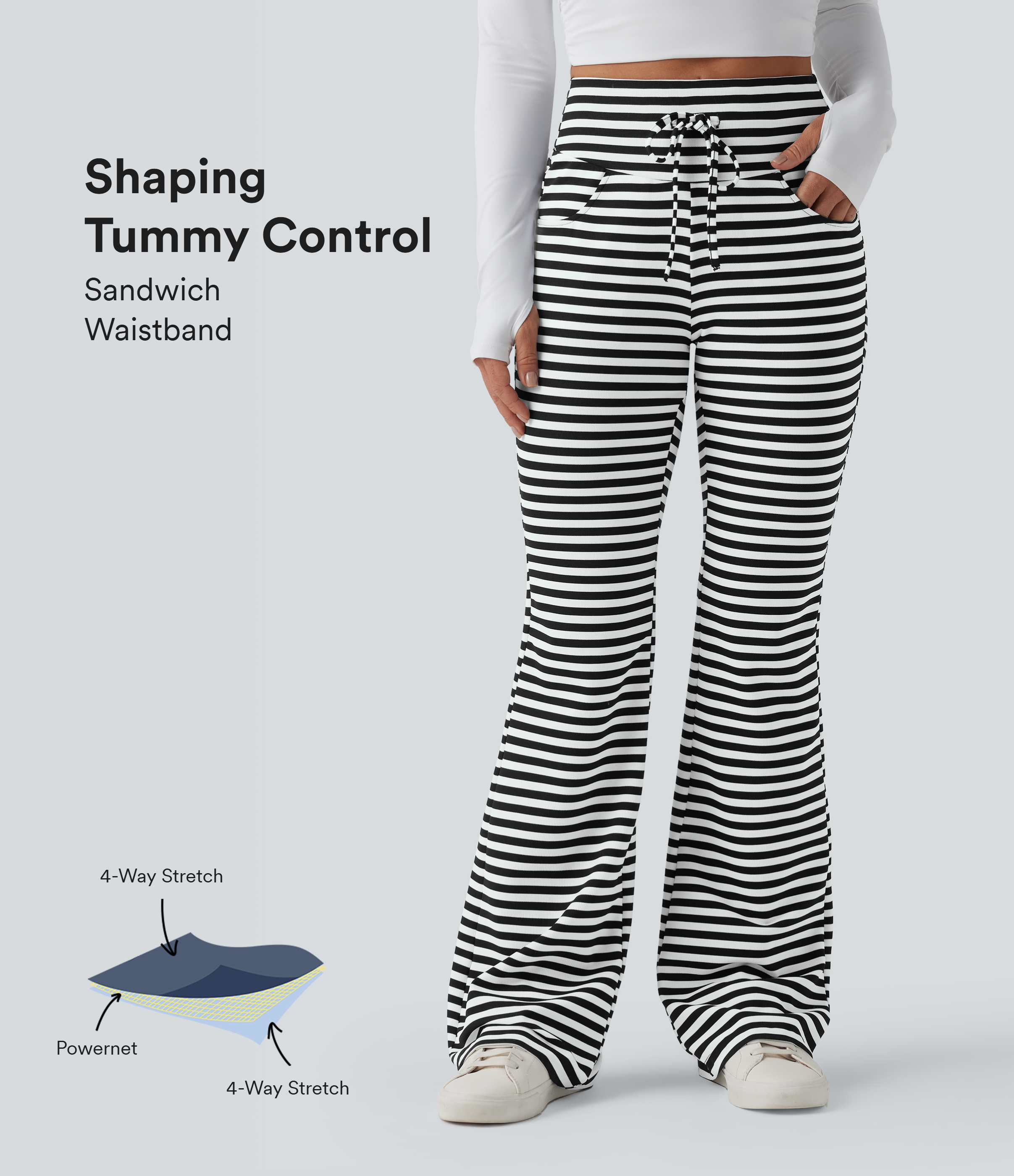 High Waisted Drawstring Tummy Control Stripe Waffle Flare Casual Pants with Pockets