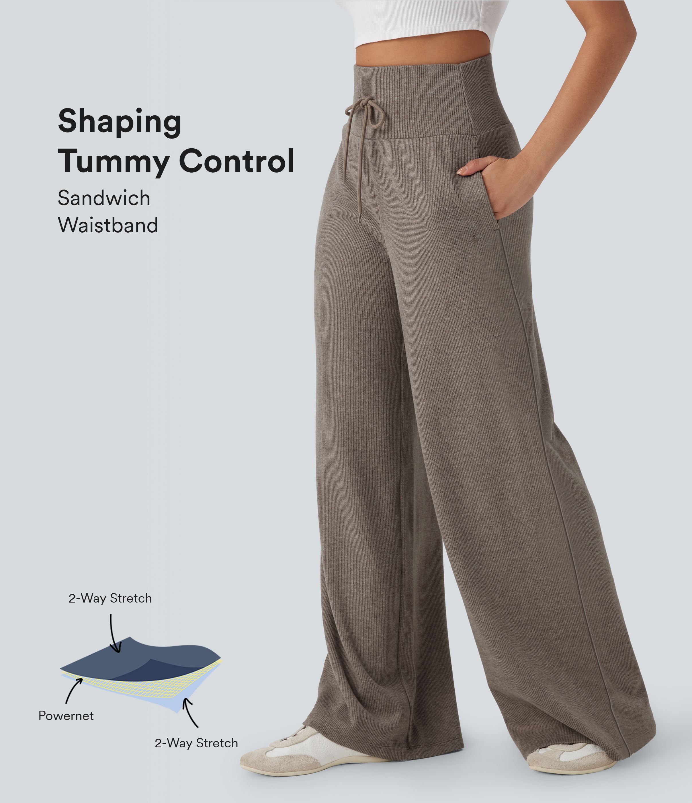 Ribbed Knit High Waisted Tummy Control Drawstring Casual Wide Leg Pants with Pockets