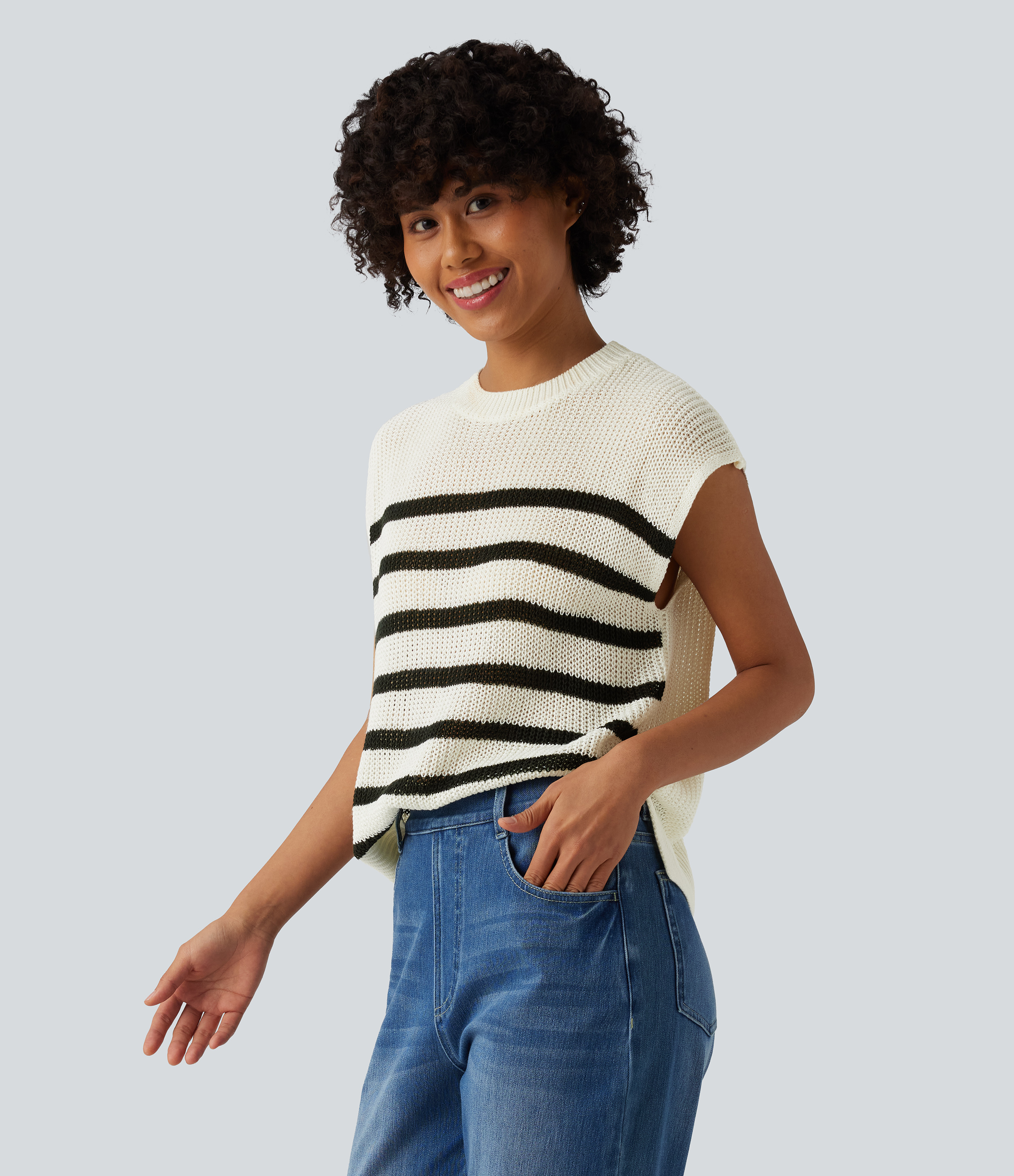Round Neck Split Color Block Stripes Casual Sweater Vest