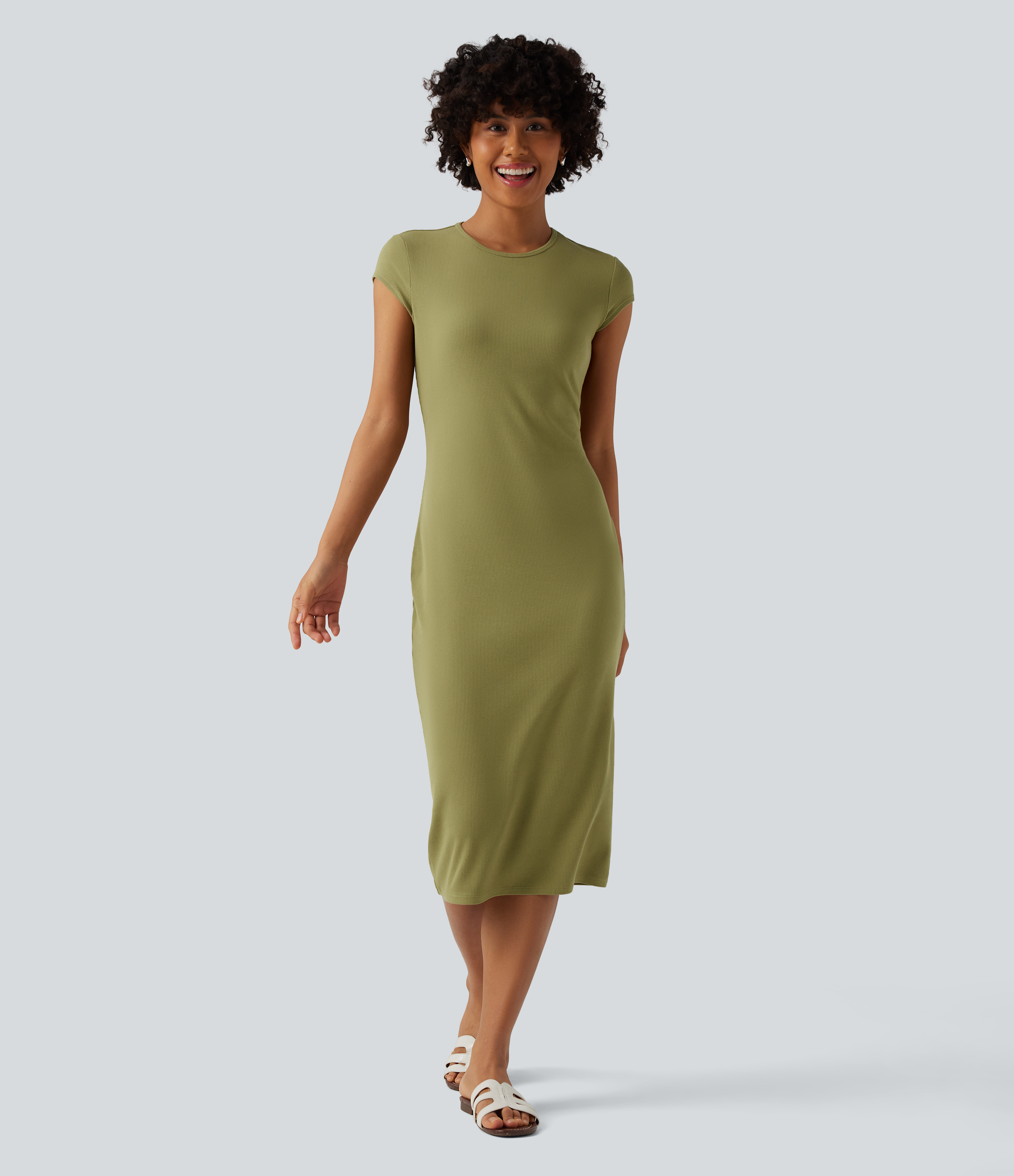 Robe midi décontractée moulante en maille côtelée col rond à manches courtes