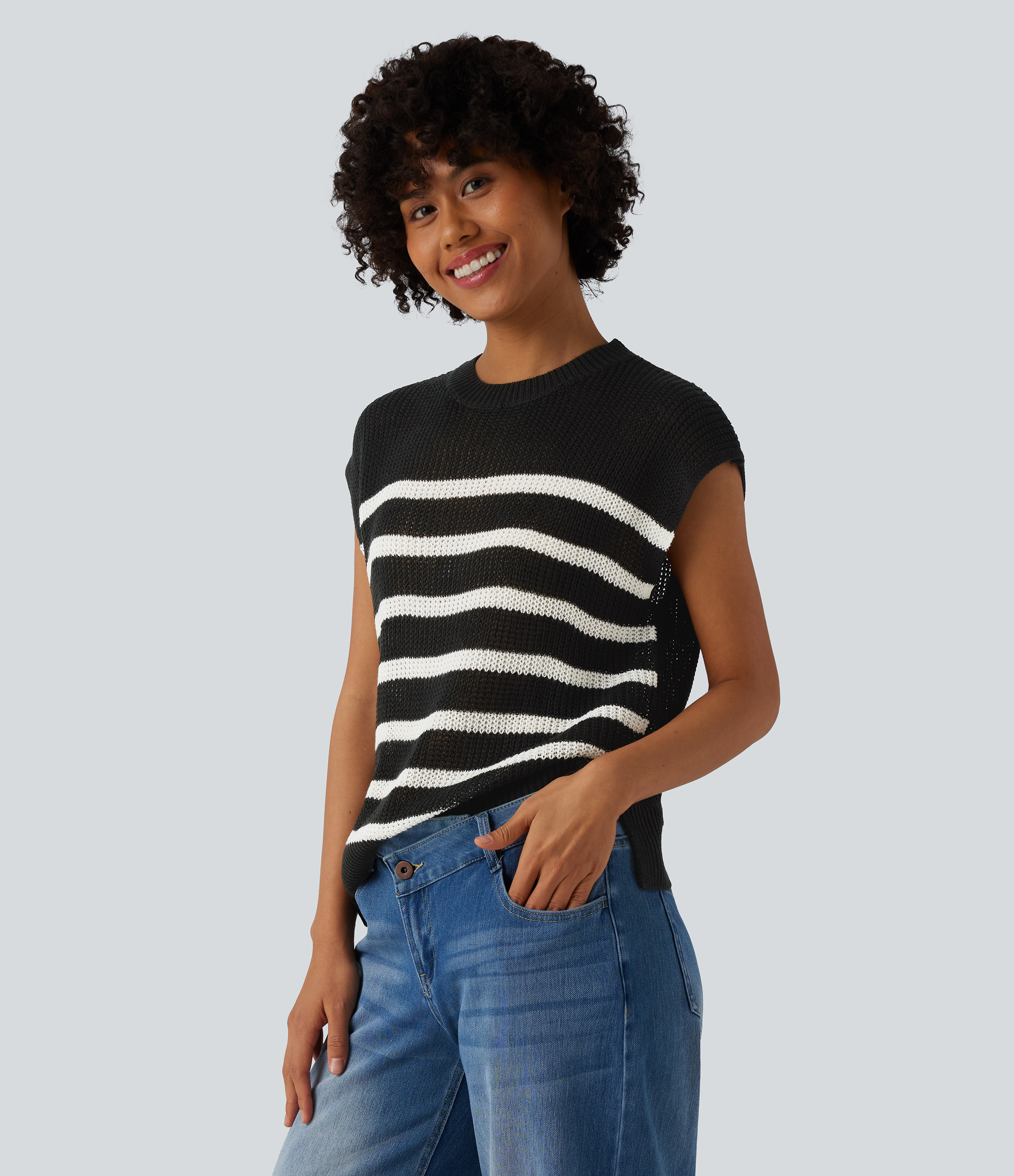 Round Neck Split Color Block Stripes Casual Jumper Vest