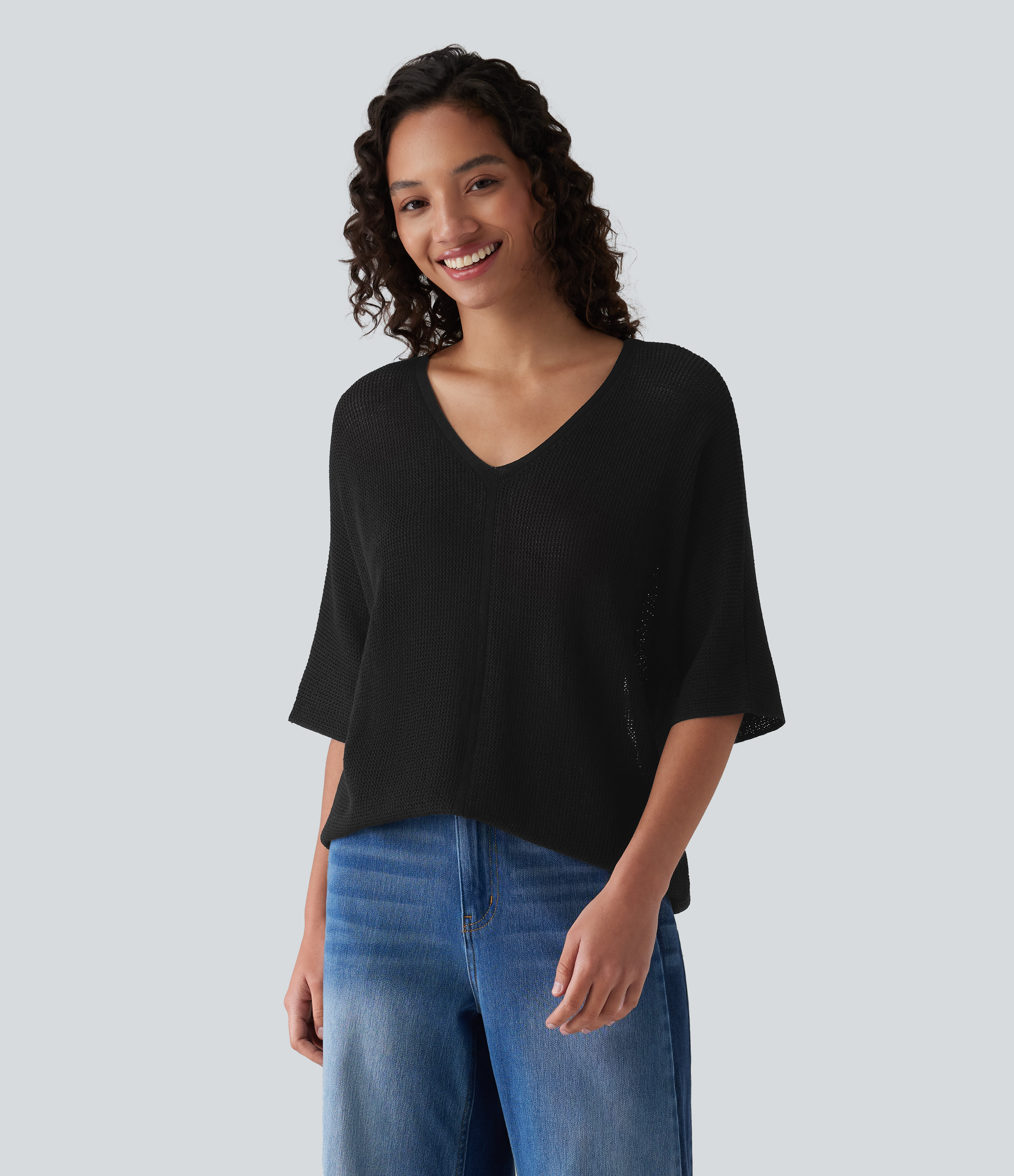 Pull décontracté col V à manches mi-longues