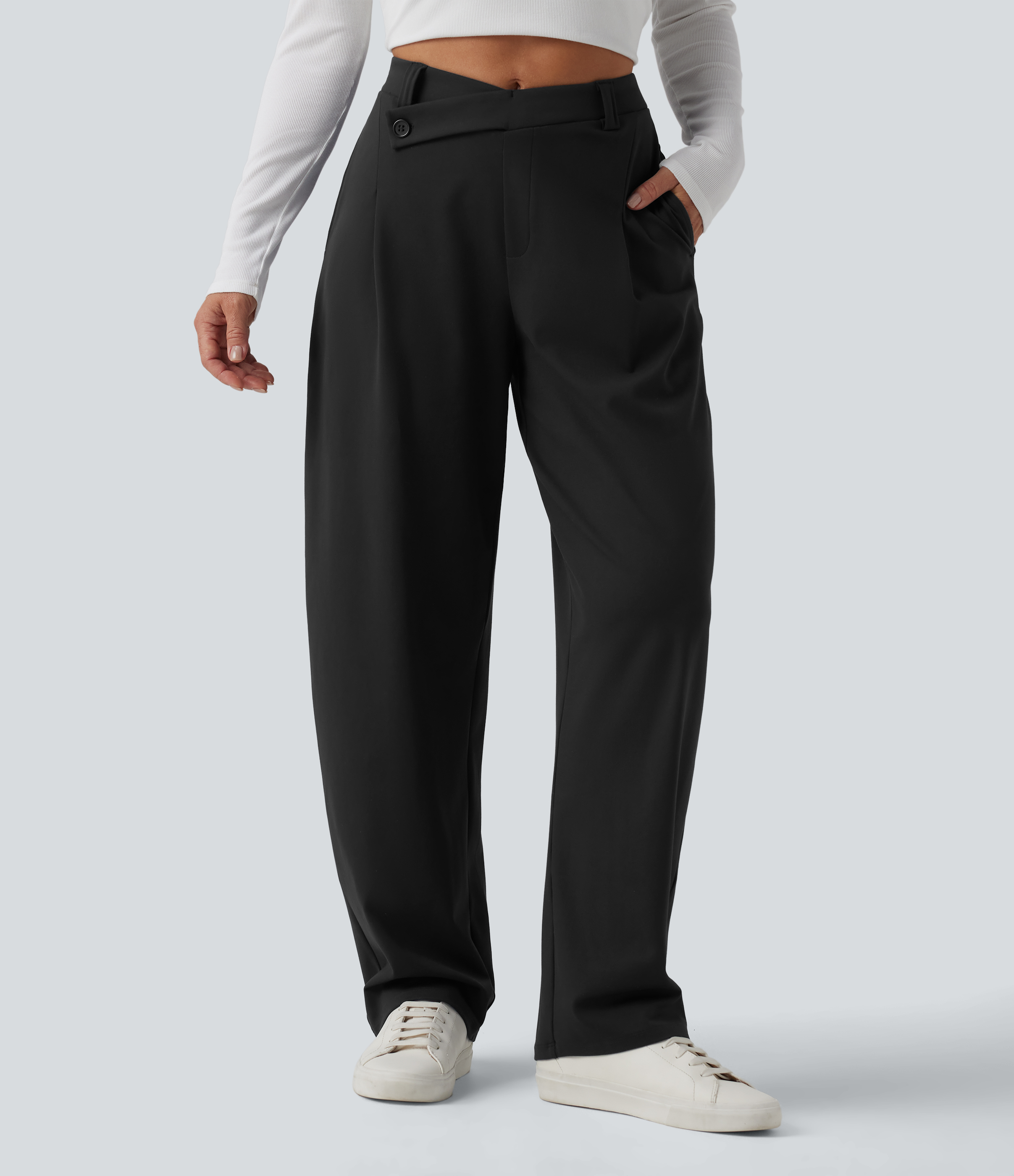 Halara Flex™ DayStretch Asymmetric High Waisted Barrel Leg Work Pants with Pockets